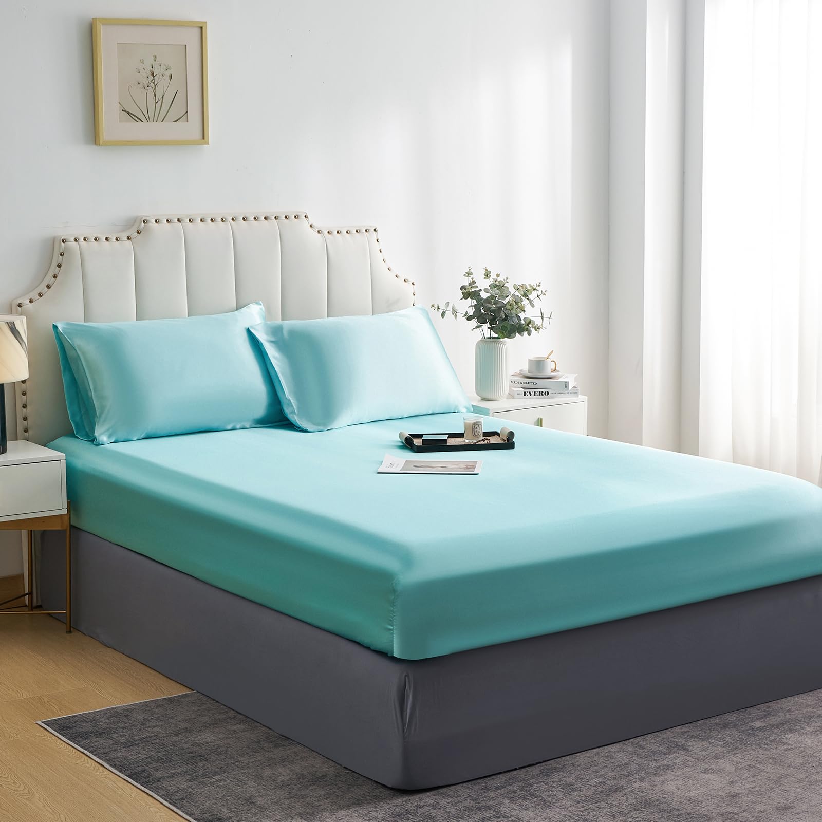 Drap-housse en satin King size bleu lit 153x203cm douceur hôtelière chic