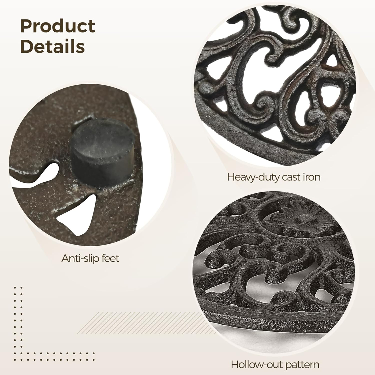 2 Pcs Cast Iron Trivet Set, Round Heat-Resistant Pot Holders with Rubber Feet, 6.7 Inch Non-Slip Rustic Kitchen & Dining Table Accessories