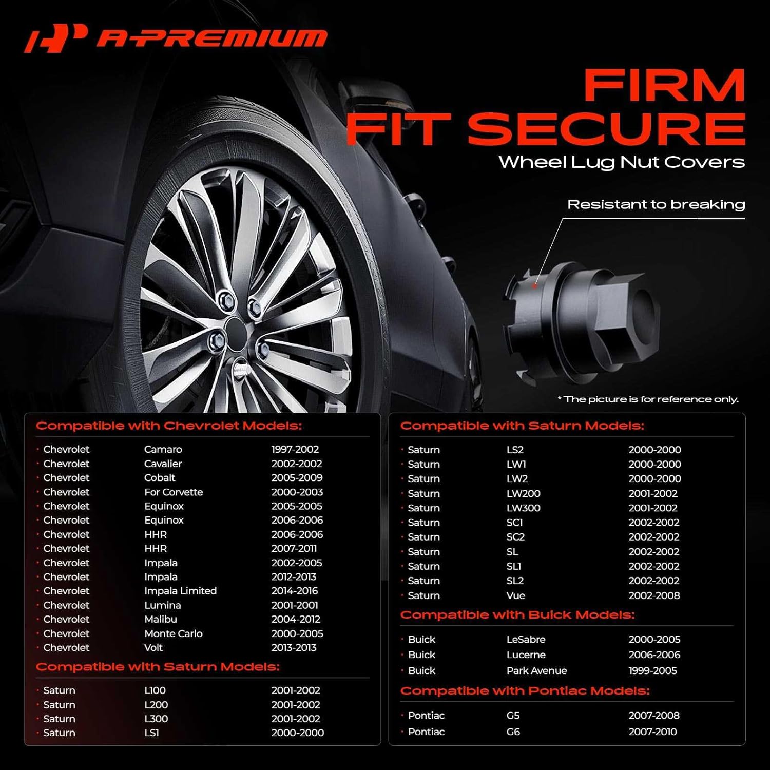 A-Premium 20-Pack 24mm Wheel Lug Nut Covers Compatible with Chevrolet Equinox, Malibu, Impala, Camaro, Corvette, Volt, HHR, Cobalt, Cavalier, Impala Limited, Lumina, Monte Carlo & Buick Lucerne