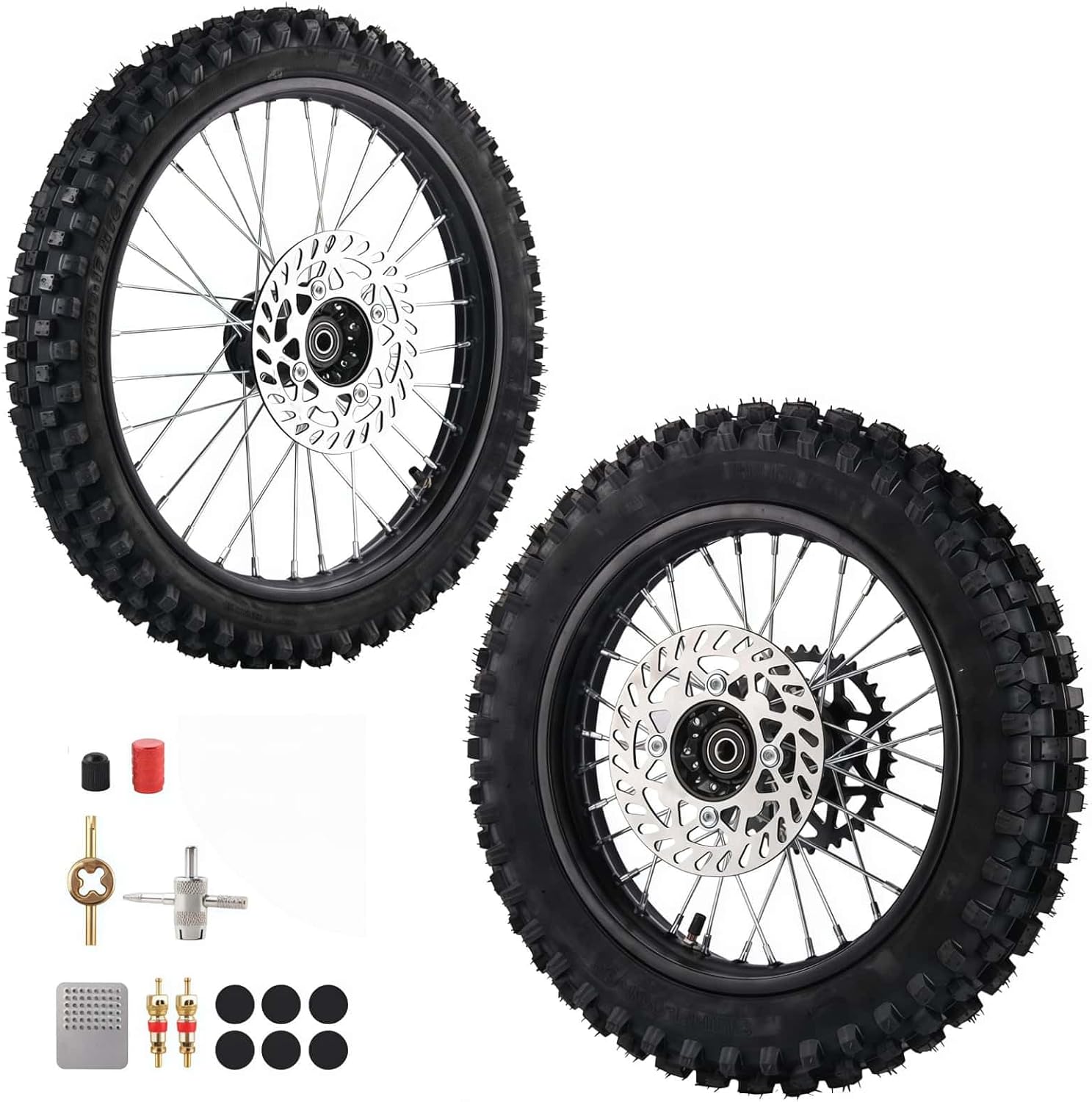 90/100-14(3.00x14) Rear Wheel Tire 70/100-17(2.75x17) Front Wheel Tire With 12mm Inner Bearing 190mm Brake Disc Rotor Chain Sprockets for Dirt Pit Bike Motocross Off Road (12mm Bearing Bore)