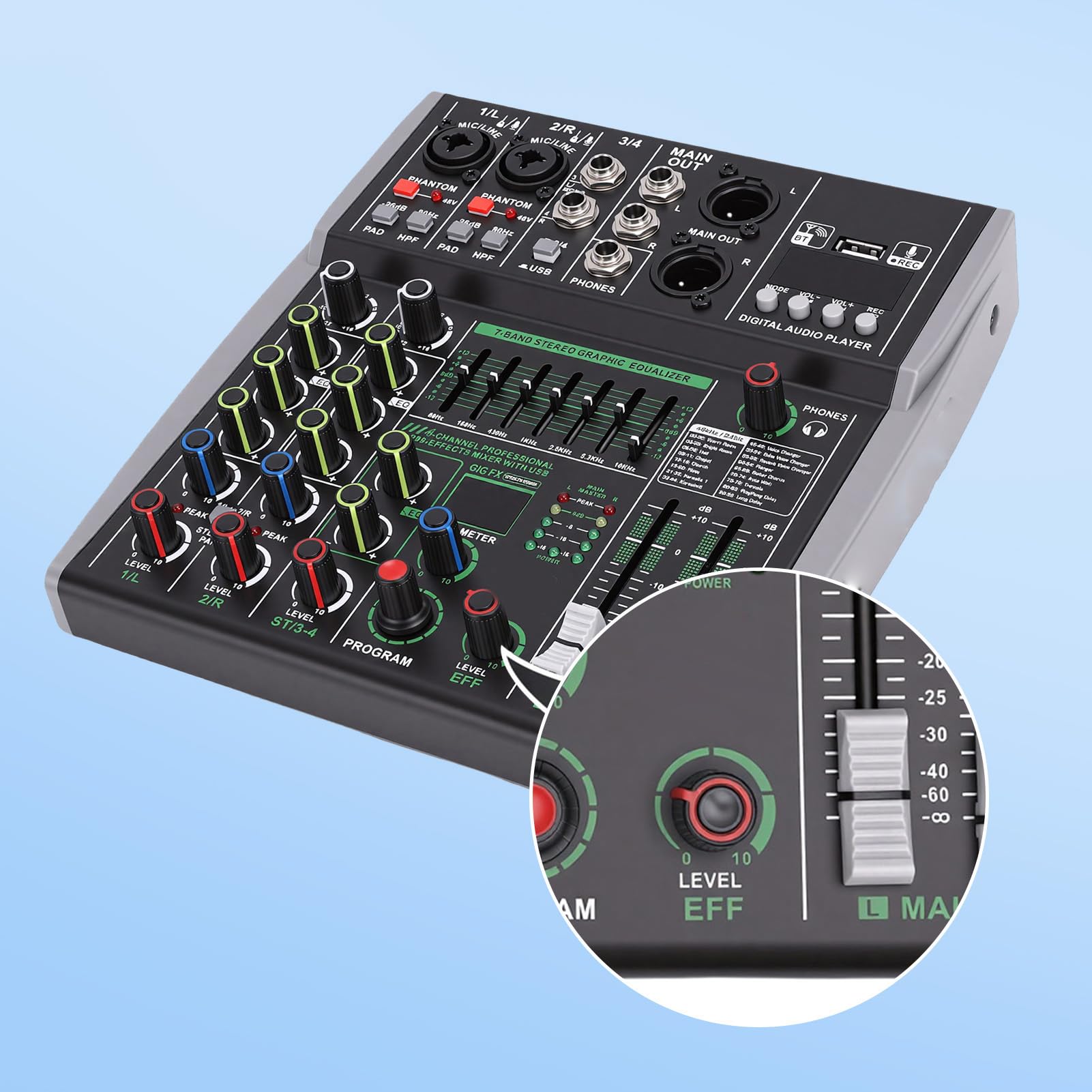 Mezclador de DJ Bluetooth de 4 Canales Consola de Mezcla de Audio, 99 Efectos EQ de 7 Bandas, Interfaz USB de Alimentación Fantasma de 48 V para Grabación en Karaoke Podcast (Enchufe de la