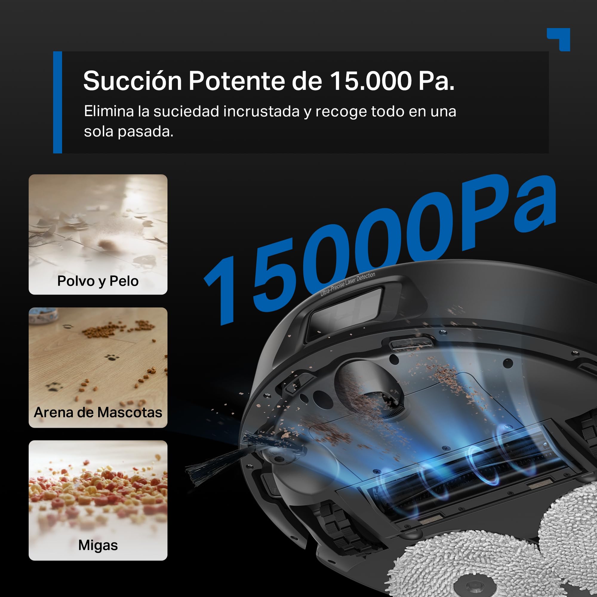 Tapo Robot Aspirador RV50 Pro Omni – 15.000 Pa, Navegación Láser Dual, Autovaciado, Cepillos Antienredo para Mascotas, Limpieza de Bordes, Estación Todo-en-Uno con Depósito de Agua 5L (Negro Oscuro)
