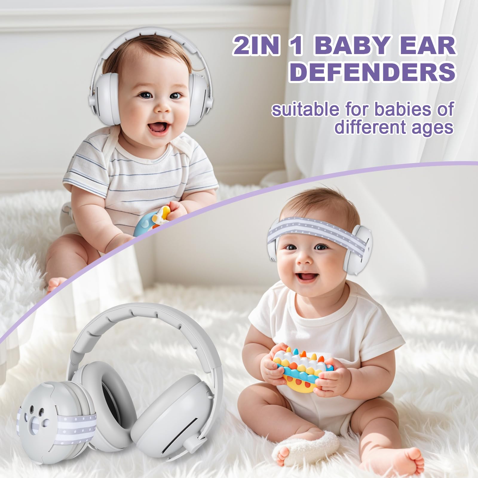 Cuffie Antirumore bambino, 2 in 1 per Neonati da 0 a 36 Mesi e Bambini da 3 a 8 Anni, Elastiche Regolabili, Protezioni Acustiche per Migliorare il Sonno in Viaggio