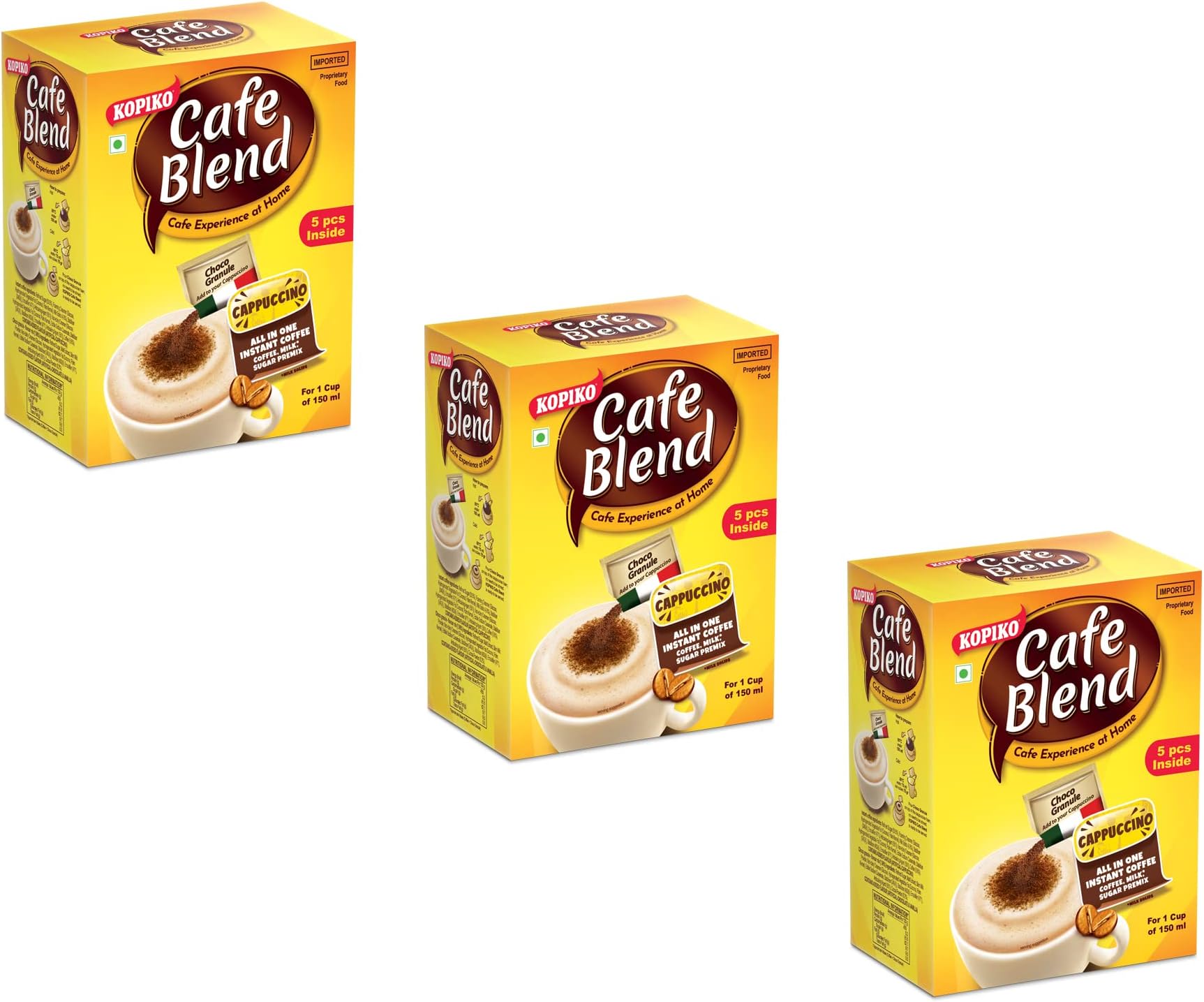 Kopiko Cafe Blend Cappuccino All In 1 Premix Instant Coffee - 125 Gm |Pack Of 3| |5 Sachets In Each|, Powder, Box