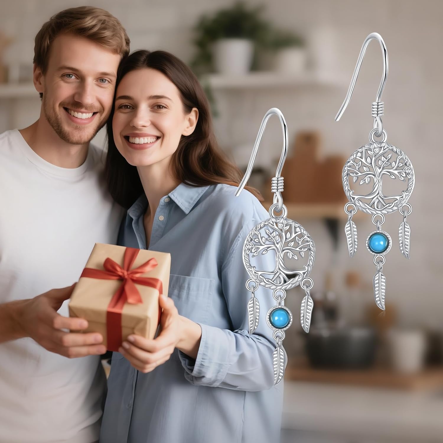 Dream Catcher Earrings 925 Sterling Silver Turquoise Tree of Life Dangle Earrings Western Boho Jewelry Gifts for Women - Image 4