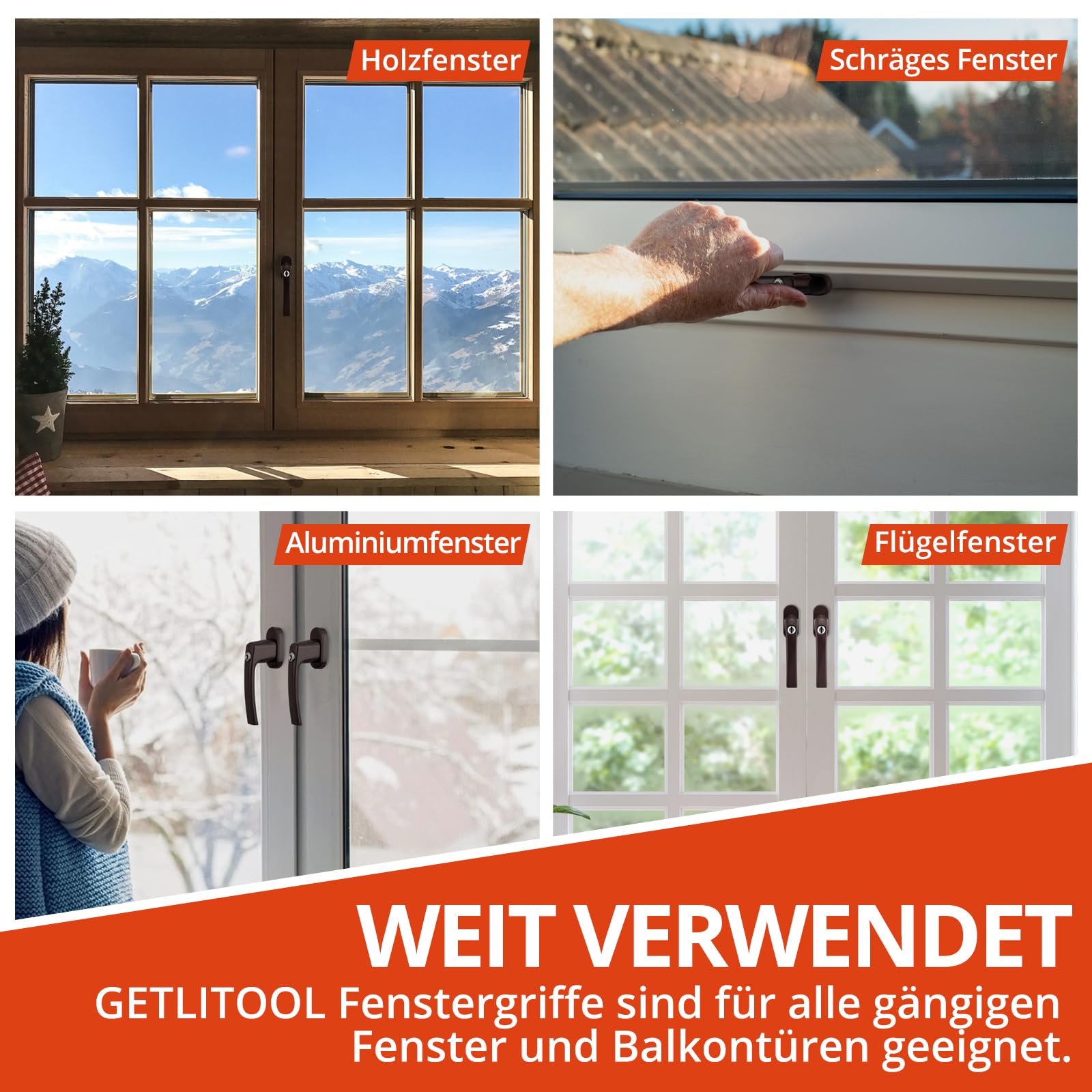 GETLITOOL Fenstergriffe Abschließbar, 4 Stück Fensterschloss Aluminium mit Schlüsseln, Sicherheitsfenstergriff in Stiftlänge 35mm, Kindersicherung Fenstersicherung für Fenstertür Heimsicherheit-Braun