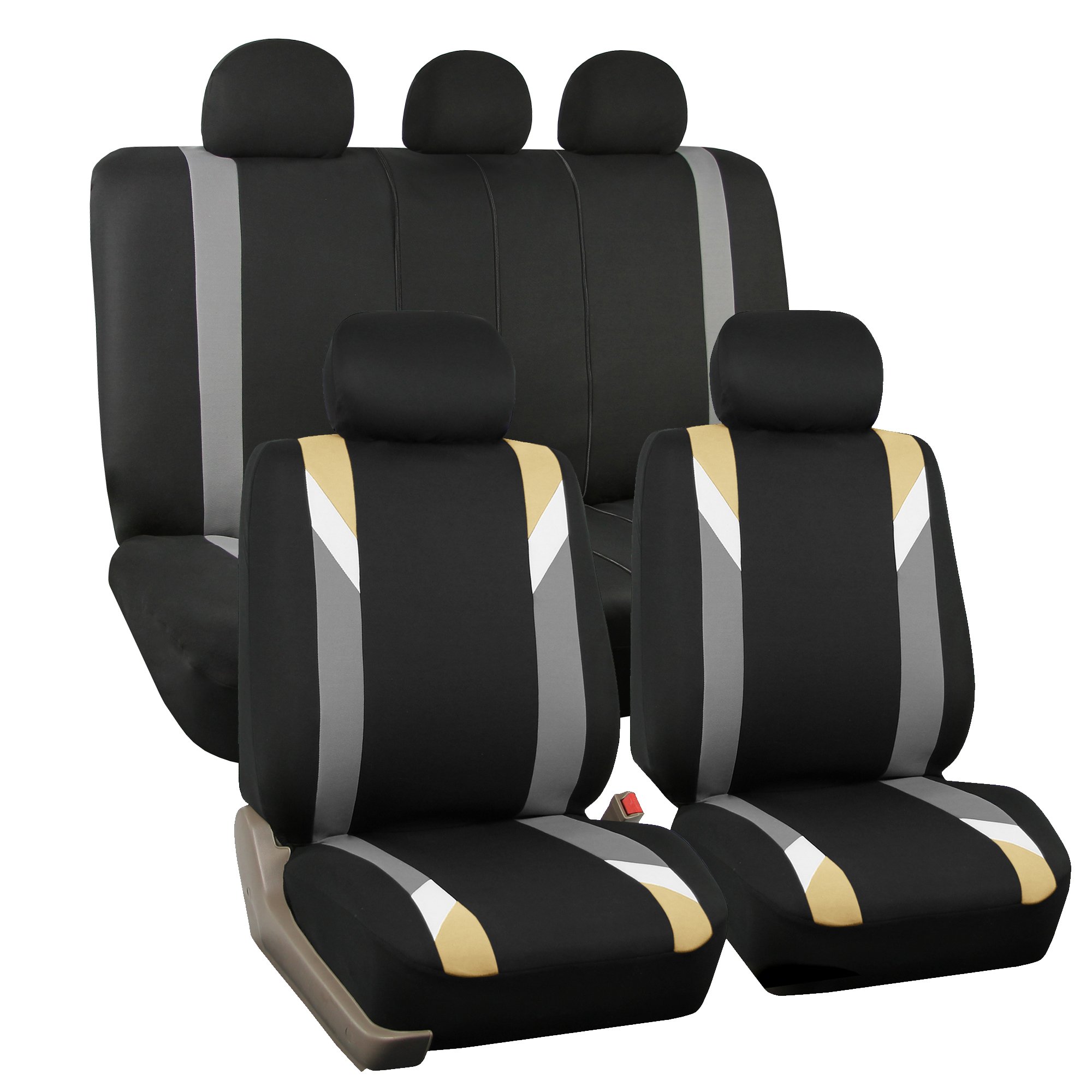 FH GROUP Car Seat Covers Full Set Cloth-Seat Covers for Low Back Car Seats with Removable Headrest,Universal Fit,Automotive Seat Cover,Airbag Compatible Car Seat Cover for SUV,Sedan,Van Beige
