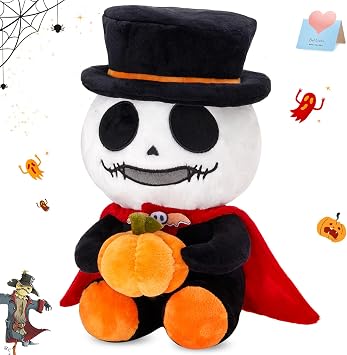 Skeleton Stuffed Animal with Red Cape Holding Pumpkin, Nightmare Xmas Skull Plush Doll, Skull Plushies Stuffed Toy Home Decor for Kids, 12"