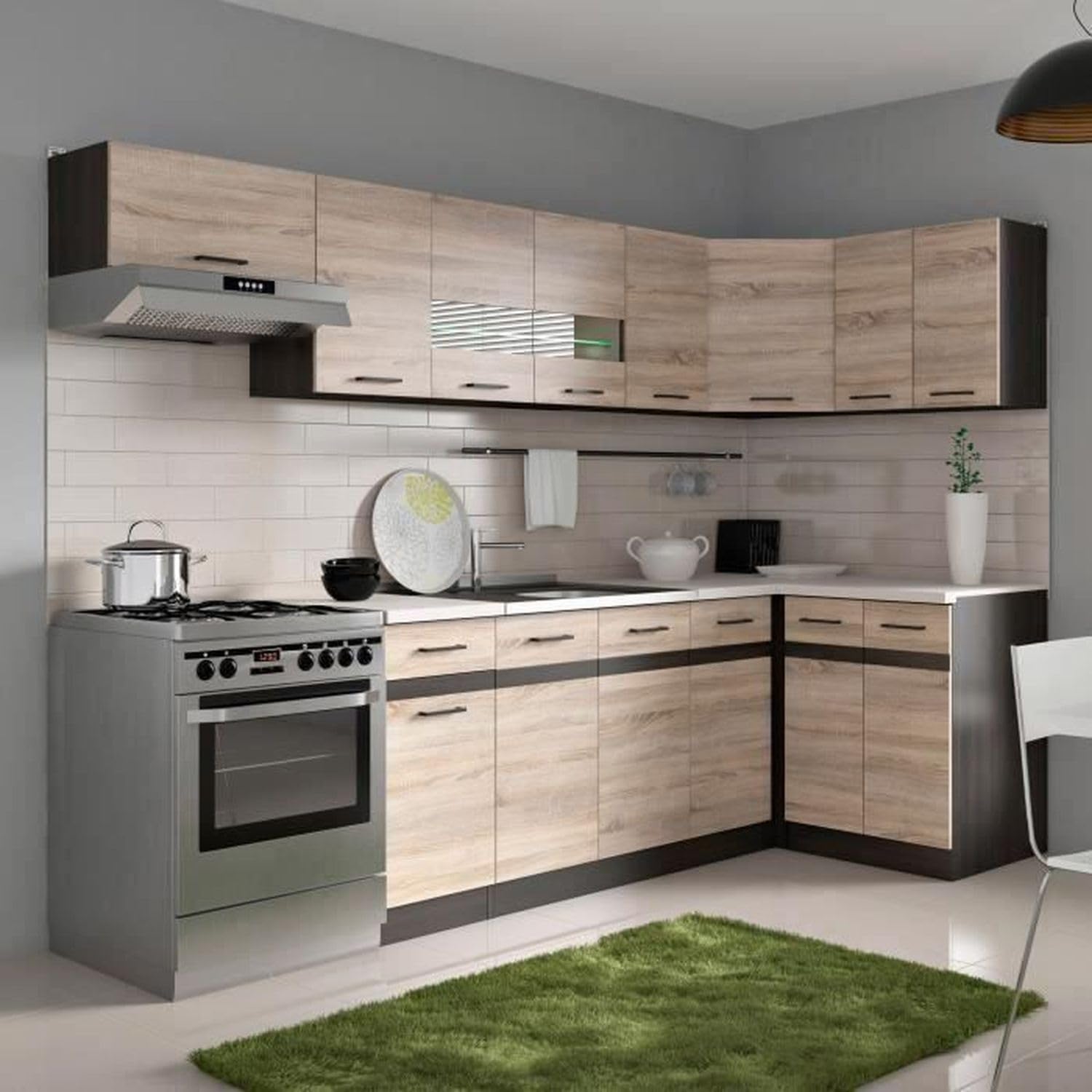 Générique JUNONA Cuisine d'angle Complete mélaminée L 3m40 avec LED - Décor Sonoma Bande décor wengé