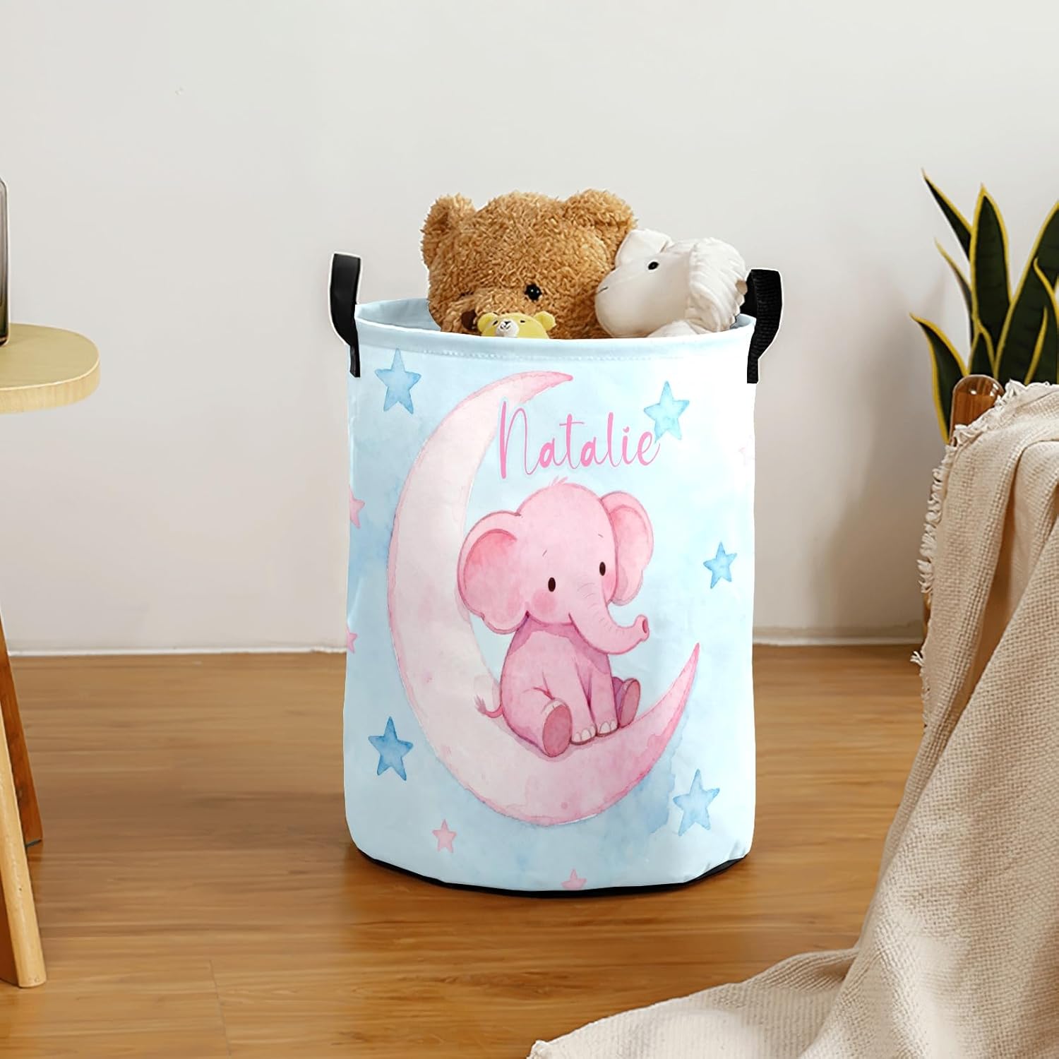 Pink Elephant Moon Stars Personalized Laundry Basket Custom Name Collapsible Waterproof Laundry Hamper Clothes with Handle for Bedroom Bathroom Nursery Decor