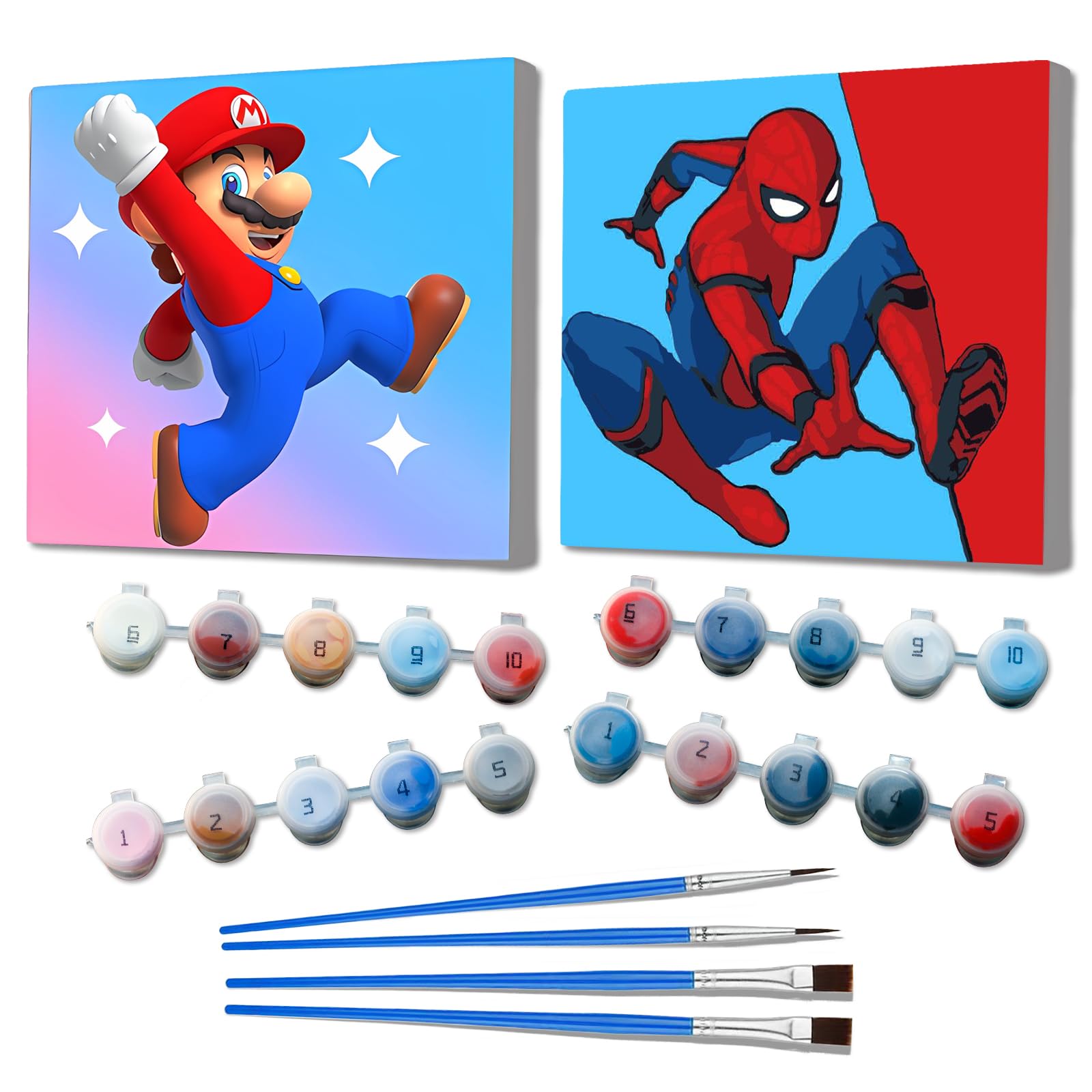 QDUODUO 2-Piece Paint by Numbers Set with Frame for Adults, Beginners, Children from 6 Years, 20 x 20 cm, Small Paint by Numbers with Canvas Brushes, Acrylic Pigment, Cartoon DIY Painting Kit for Boys