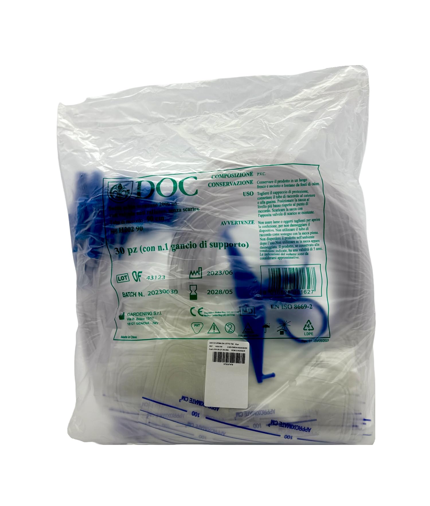 Sacca per urina da letto - monouso - capacità ml. 2000 - tubo cm.90 - valvola anti reflusso - senza scarico - conf. 120 pz (4 x 30 pz) - CE