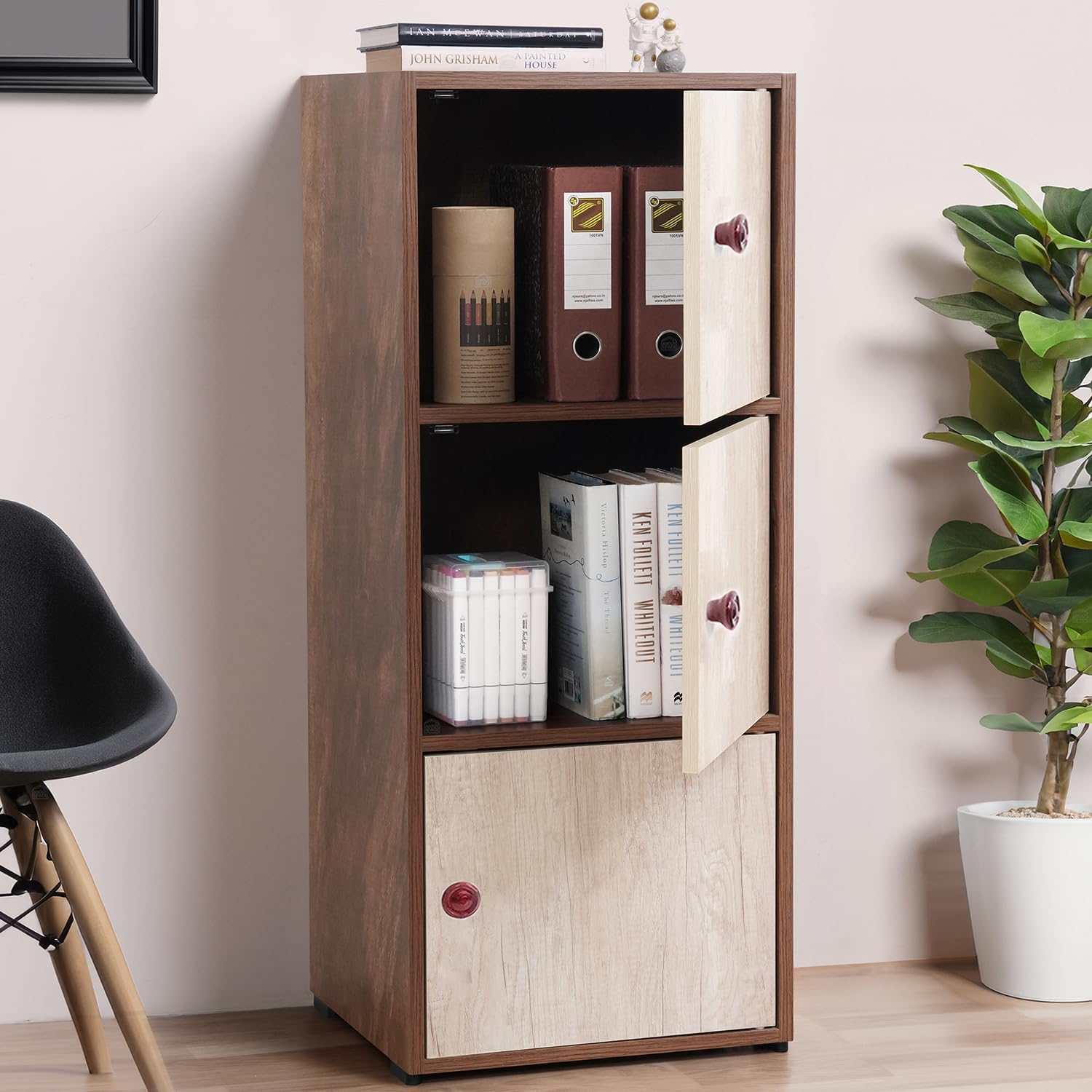 ABOUT SPACE Wooden Cabinet - 3 Tier Engineered Wood Storage Cabinet for Living Room with Magnetic Door, Space Saving Furniture for Home, Office, Kitchen (Walnut -L 38 x B 38.5 x H 100.5 cm)