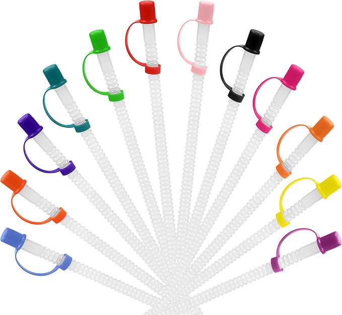 Reusable Plastic Straws with Caps, Bendable Straws for