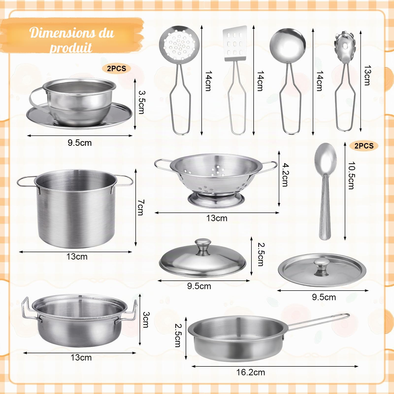 17 Pièces Accessoire Cuisine Enfant, Ensemble de Cuisine pour Enfant, Ustensile Jouet en Acier Inoxydable Bois pour Enfants, pour Garçons et Filles 3-6 Ans