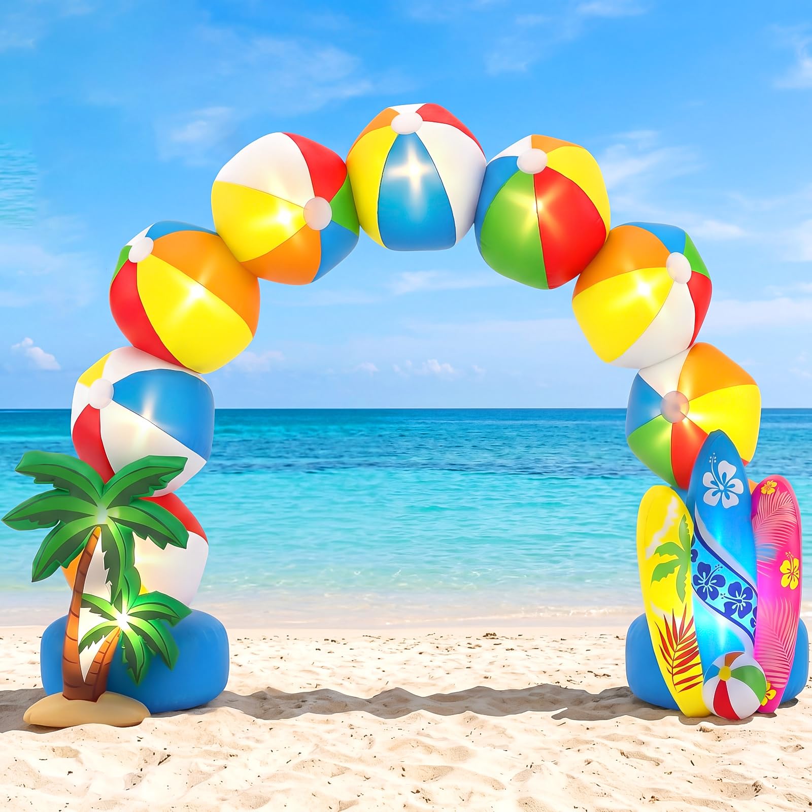 Photo 1 of Hollowfly 8 ft Tall Summer Beach Ball Inflatable Arch Rainbow Beach Ball Inflatable Party Decoration for Summer Yard Garden Birthday Luau Swimming Party Take Photos Props