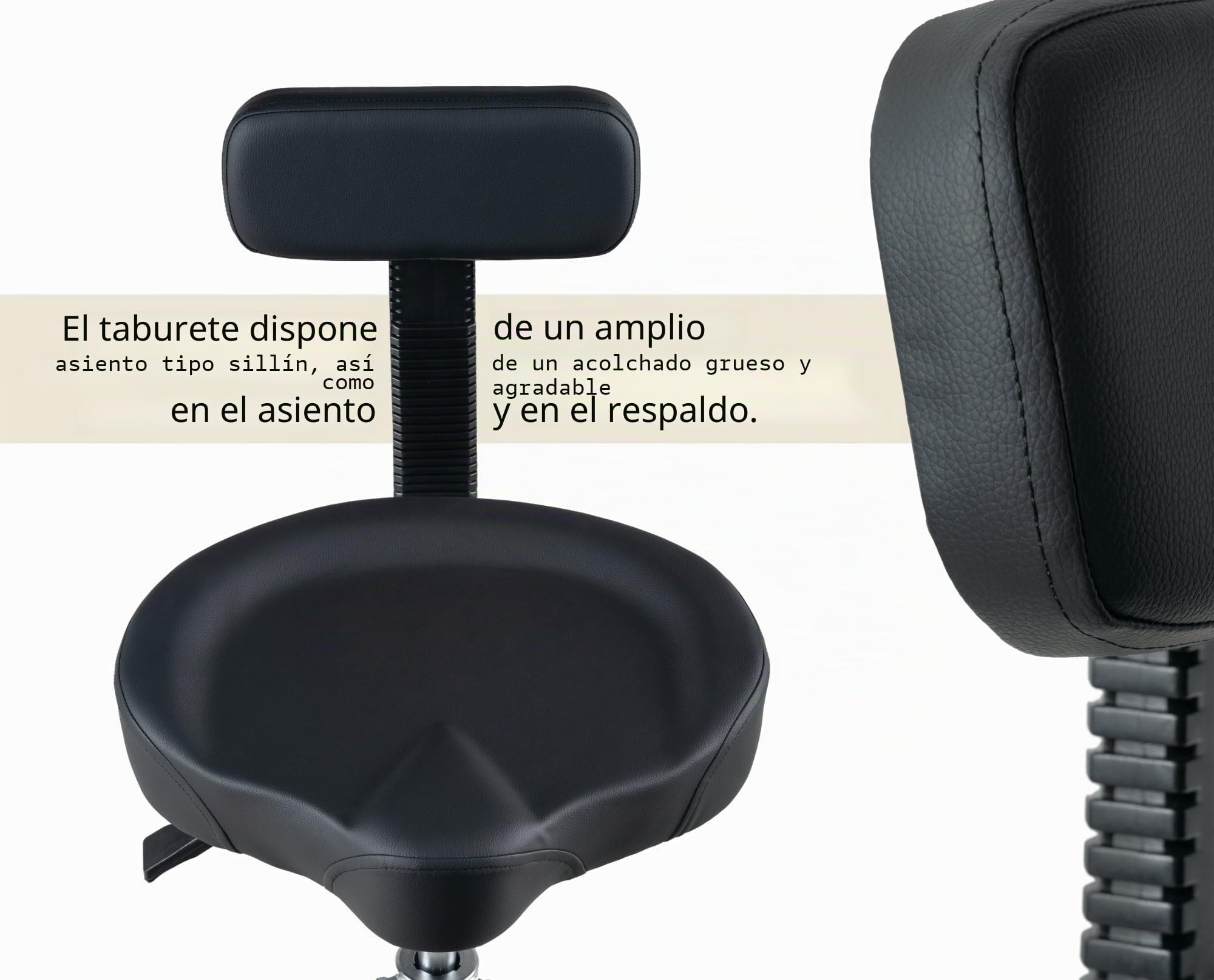 XDrum BeatSeat Taburete de batería con respaldo, asiento tipo sillín, soporte lumbar, tapizado en piel sintética negra, altura ajustable 45-60 cm, patas dobles antideslizantes de goma.
