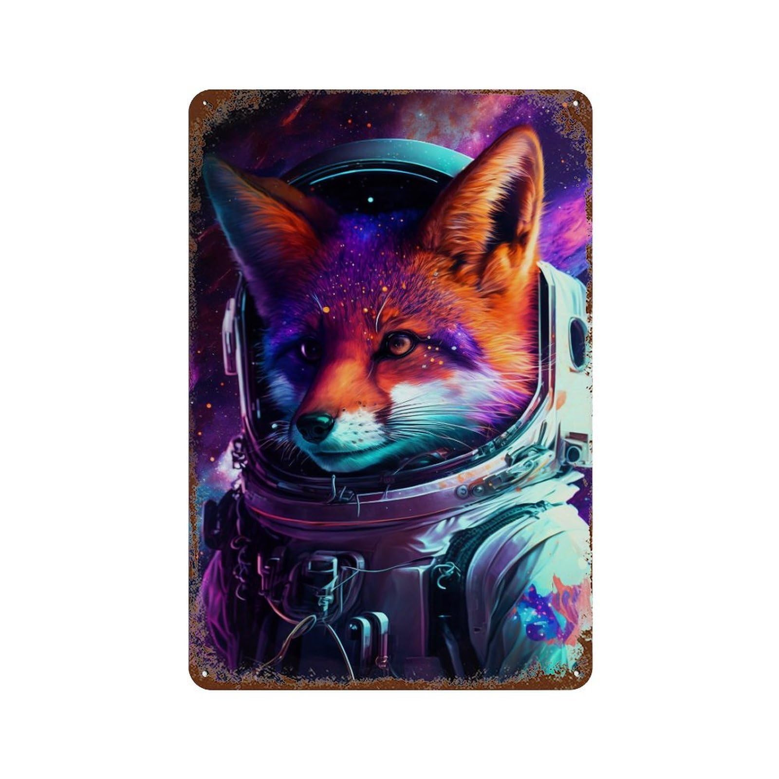 Decorative Tin Sign with Cosmic Fox Astronaut Art Design 11.8"x7.9", for Farmhouse, Kitchen And Entryway Decor, Decorative Metal Wall Art