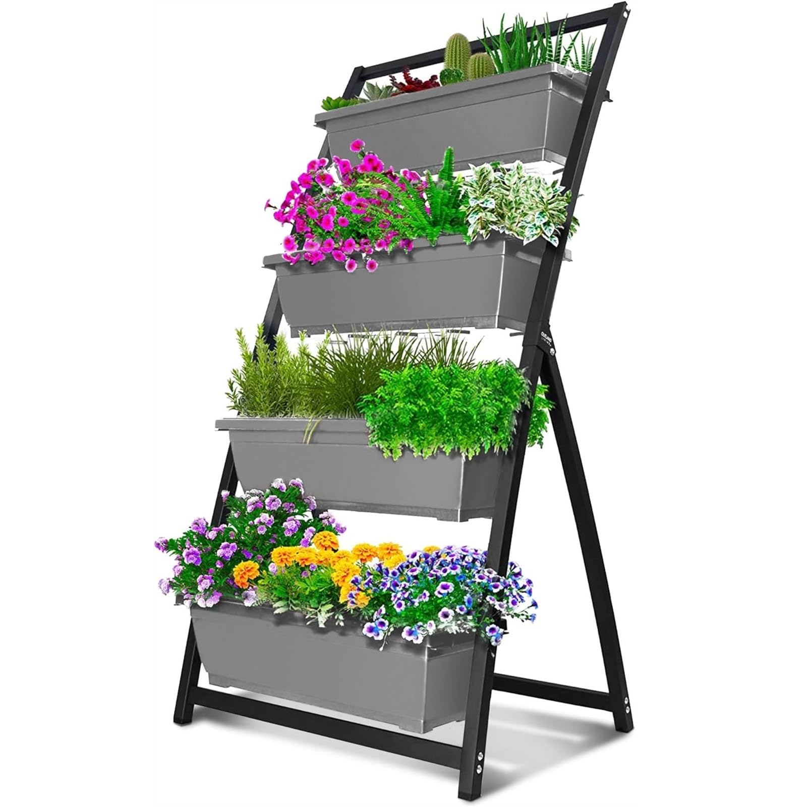 Kx9Lb8d Flower Display Stand Flower Pots, 4-Ft Raised Garden Bed - Vertical Freestanding Elevated Planters 4 Container Boxes for Planters(Gris)