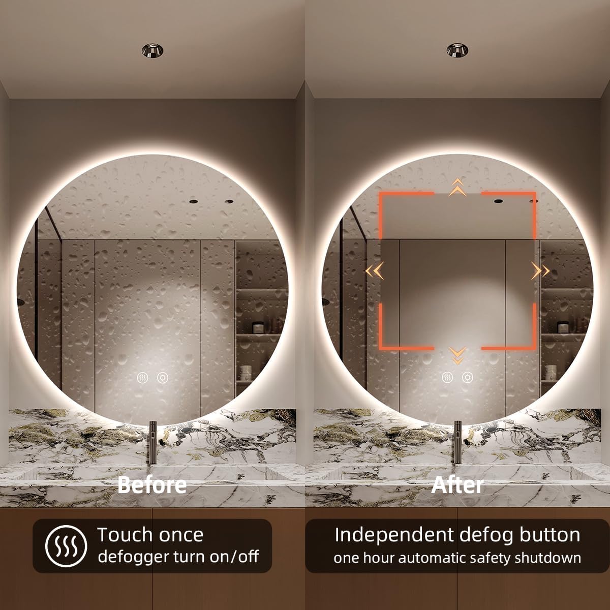 32" H x 32" W Frameless Round LED Backlit Mirror for Bathroom, Smart Circle Mirror with 3 Colors, Dimmable Lighted Mirror with Anti-Fog, IP65 Waterproof, CRI 90+, UL-Listed