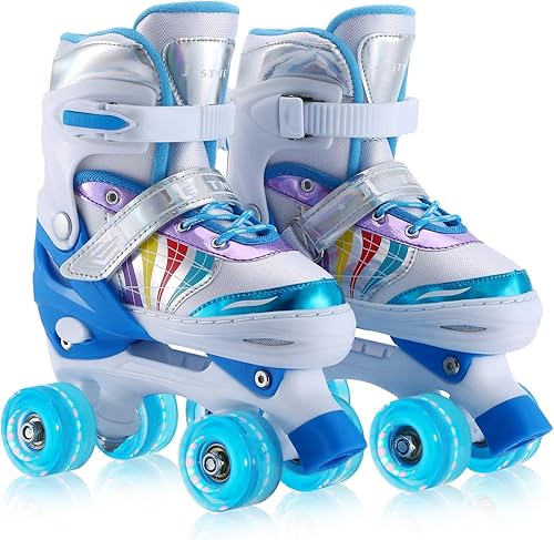 Patines ajustables para niños y niñas, niños pequeños, jóvenes, color rosa, 4 tamaños, ajustables, para niños y niñas, para tallas 11J hasta talla