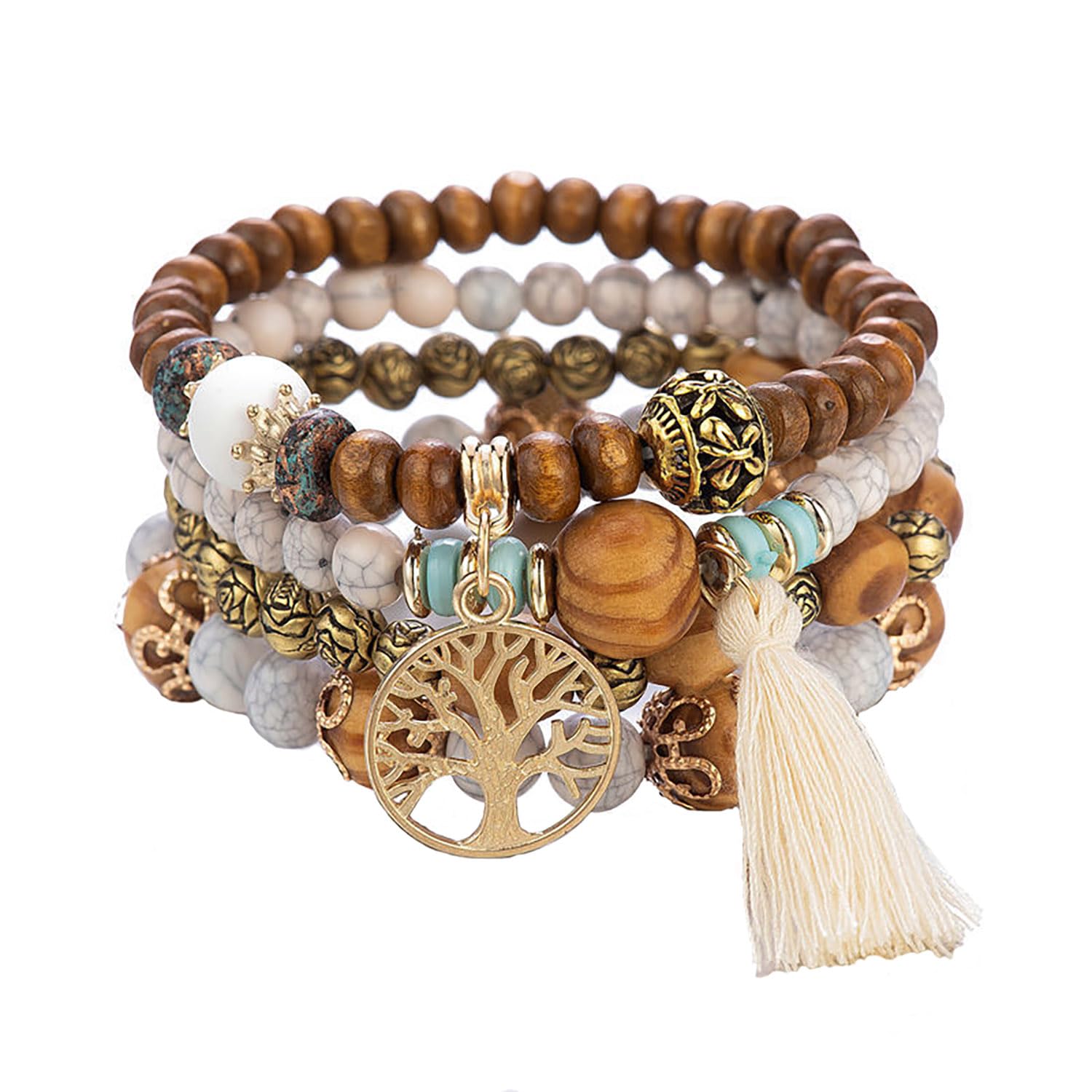 SHUBEIEUMI Boho Holzperlen Armband, 4 Stück Boho Quaste Armband für Damen, Frauen Baum des Lebens Charm Statement Armreifen, Kristall Perle