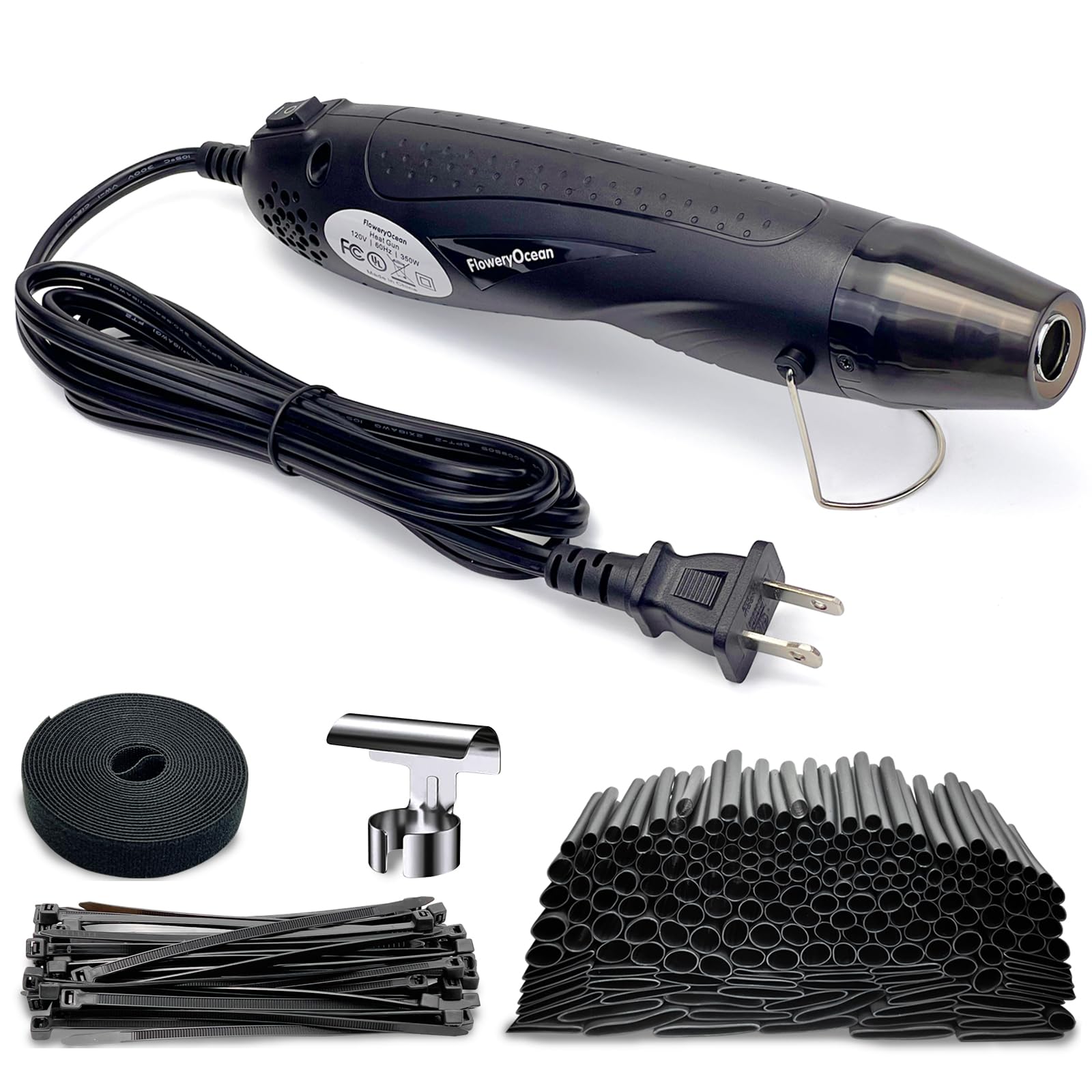 Heat Shrink Tubing Kit-350W Mini Heat Gun+4:1 Ratio Adhesive Lined,Marine Grade Shrink Tubes 195 PCS+Reflector Nozzle+Self Adhesive & Fastening Cable Ties - Wrapping Shrink Tube,Wire,Cable