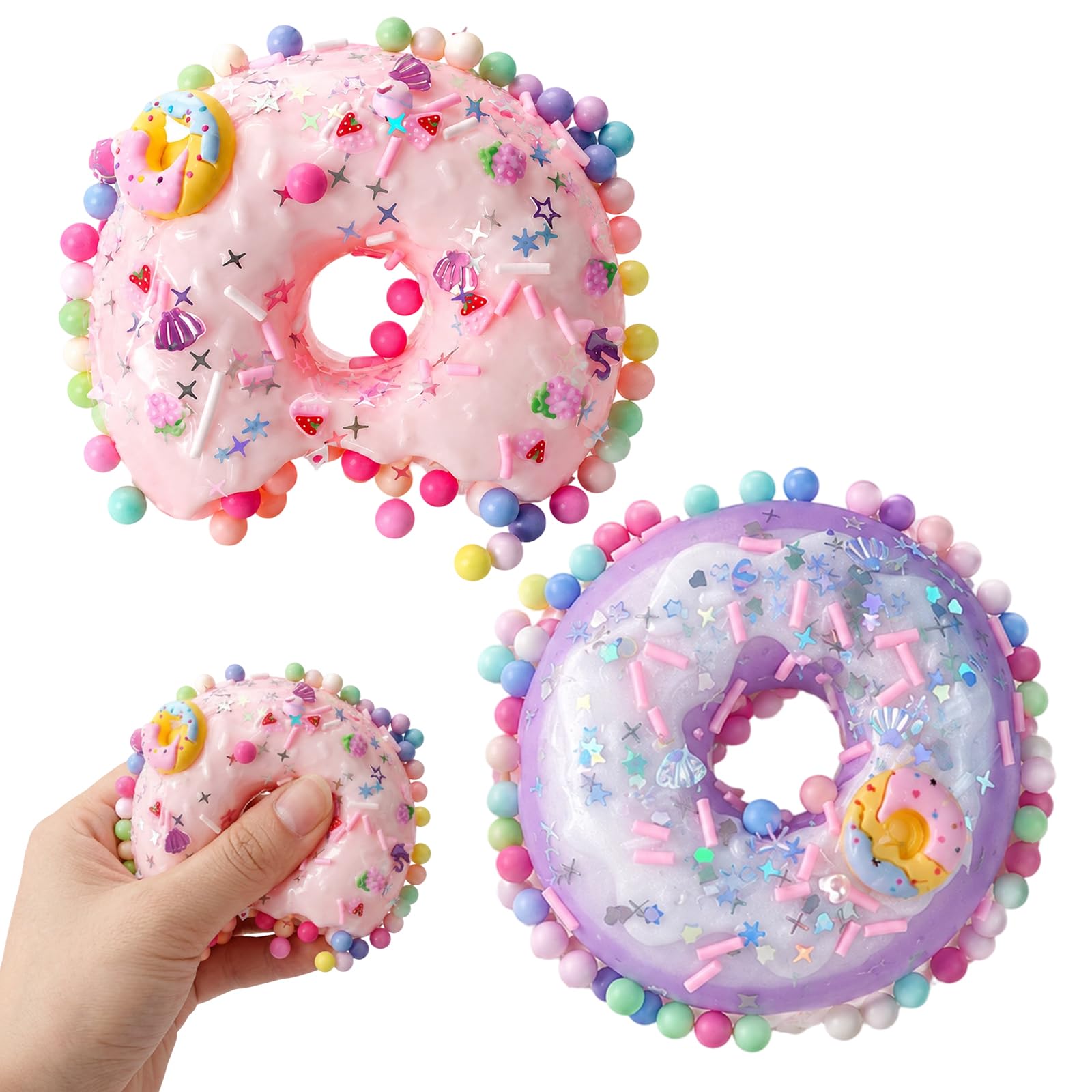 2 PCS Donut Squishy, Squishy Donut, Adorable Decor for Home and Office, For Squishies Lovers and Food themed Decor Fans, Purple and Pink