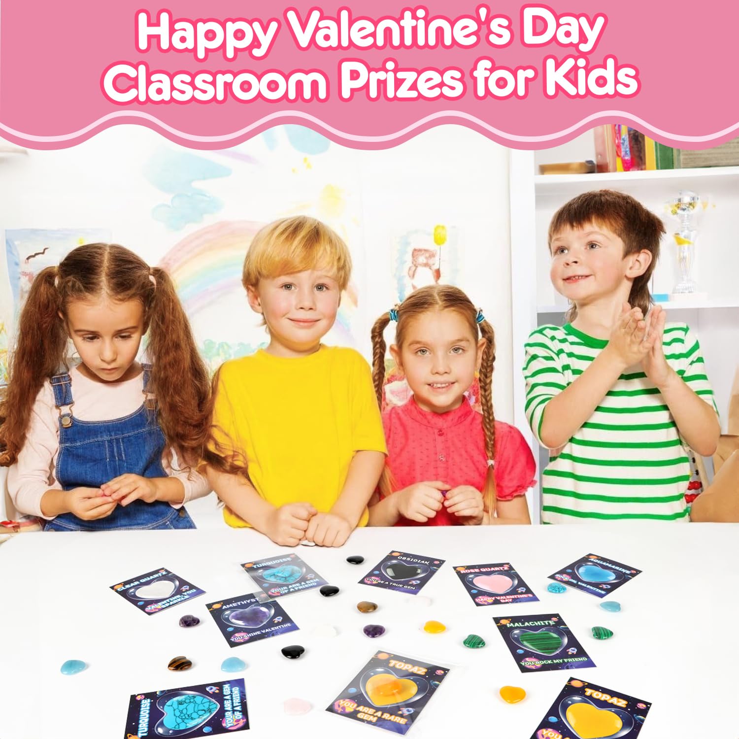 Valentinstagsgeschenke für Kinder im Klassenzimmer, 27 Stück Valentinstagskarten, Goodie-Taschen mit Herzsteinen, Valentinstagsgeschenk, Austausch, Kristall-Edelstein-Steine für Jungen, Mädchen,