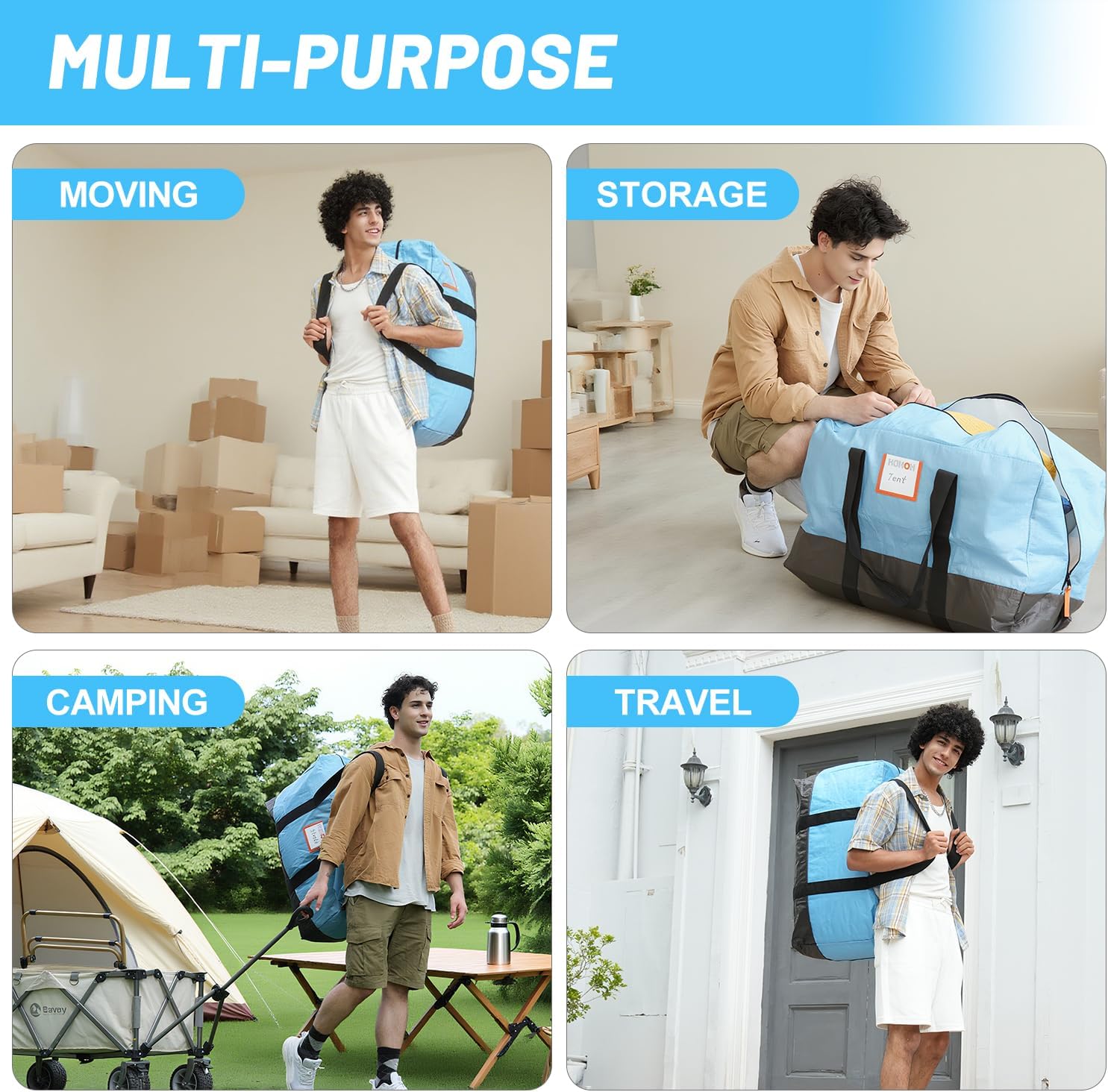 6 Pack Large Moving Bags, 115lb Capacity Heavy Duty Packing Bags with Internal Compression Straps, Storage Bag with Zippers and Strong Handles, Alternative to Moving Boxes -103L,Blue and Black
