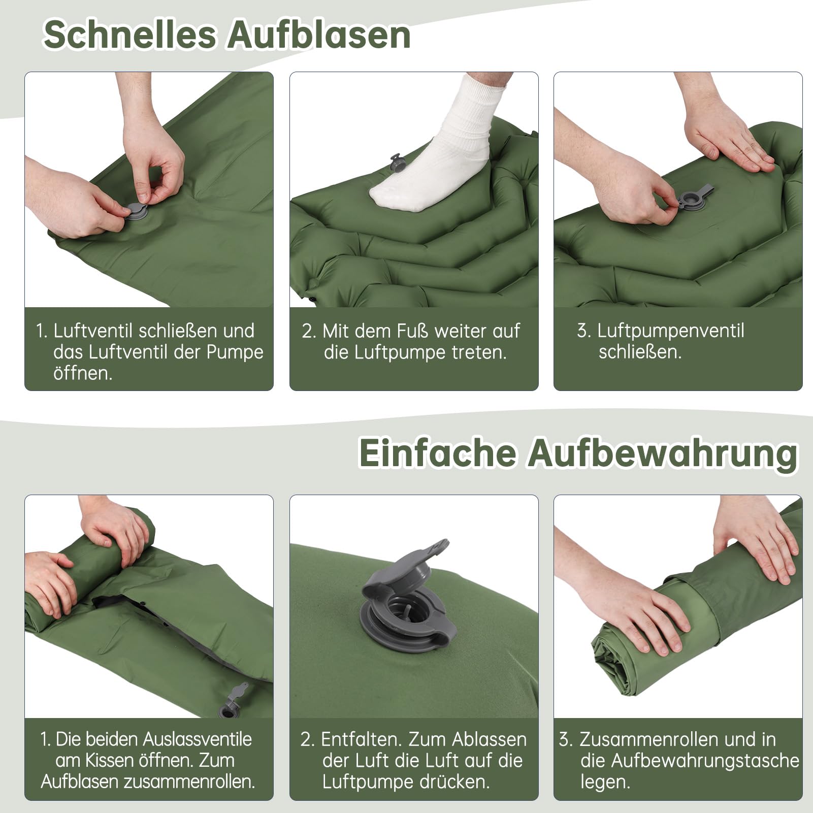 HAUSPROFI Isomatte Camping, Ultraleicht Camping Luftmatratze mit Fußpumpe & Kissen, Aufblasbare Matratze Kompakte und Leichte, Campingmatte für Wandern Strand Outdoor, Grün