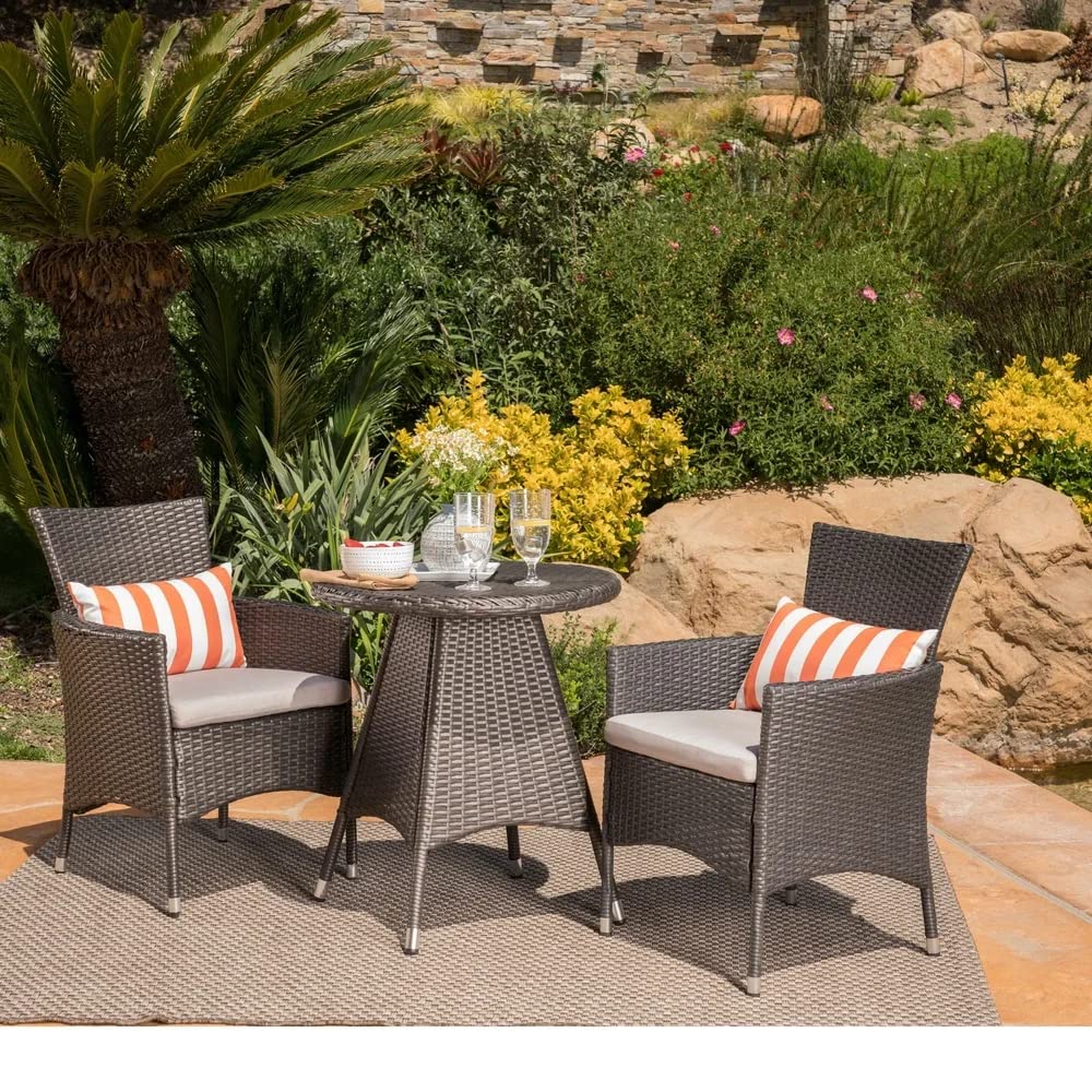 DEVOKO Garden 3 Piece Outdoor Wicker HDPE Rattan Patio Furniture Set with Coffee Table for Pool, Deck, Lawn, Porch, Balcony (Dark Brown & Cream)