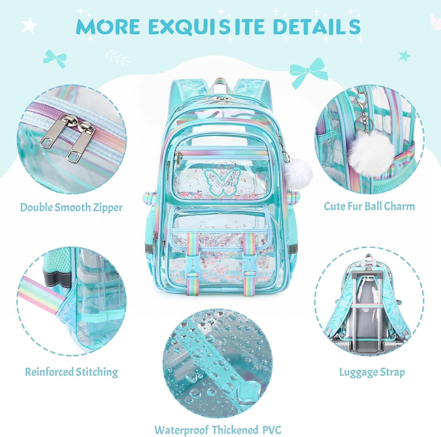 3PCS Glitter Clear Backpack for Girls with Lunch Box & Pencil Pouch(Mint) image 4