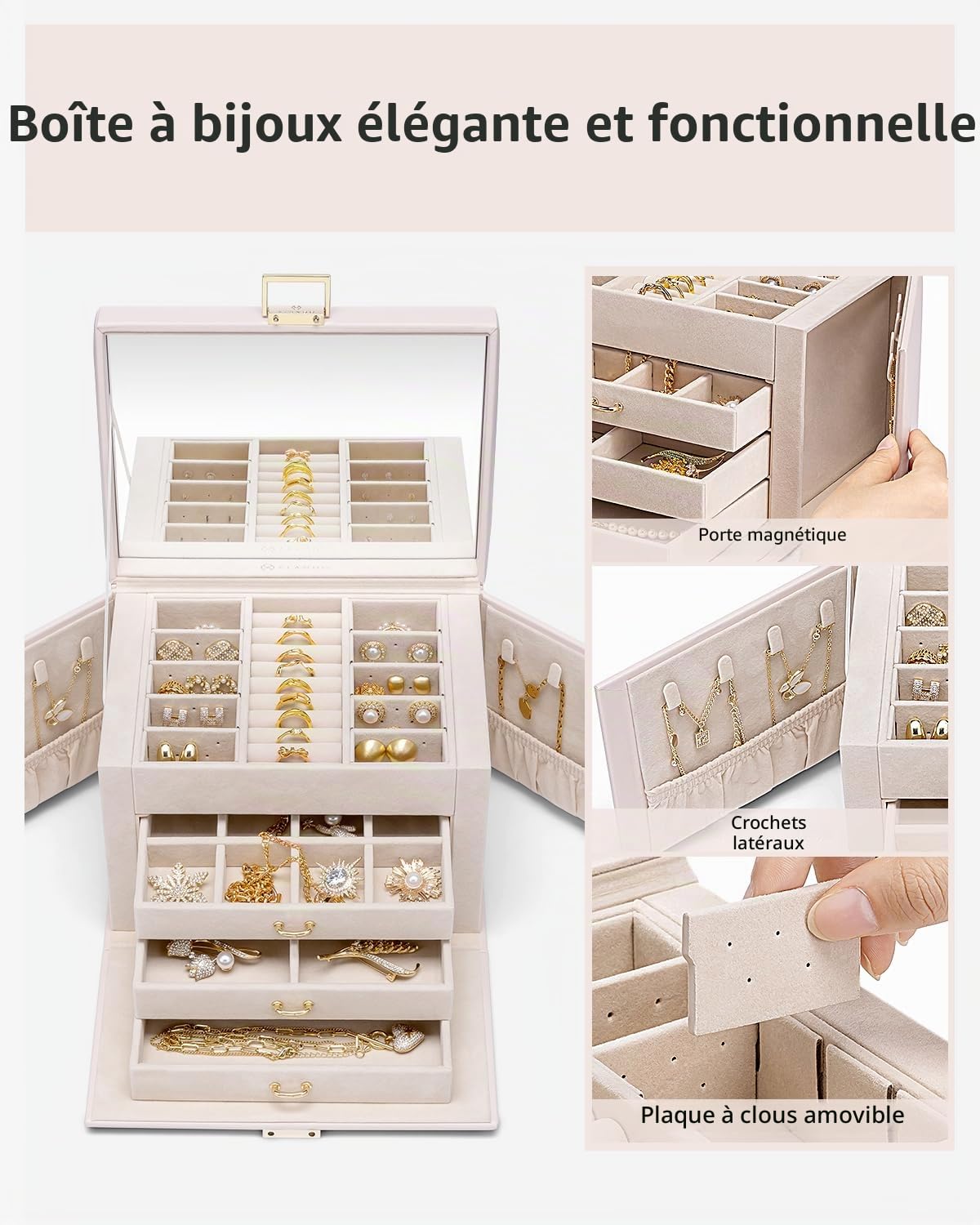Vlando Grande boîte à bijoux à 4 niveaux - En cuir synthétique - Avec miroir et tiroirs - Organiseur de bijoux - Doublure en velours - Beige