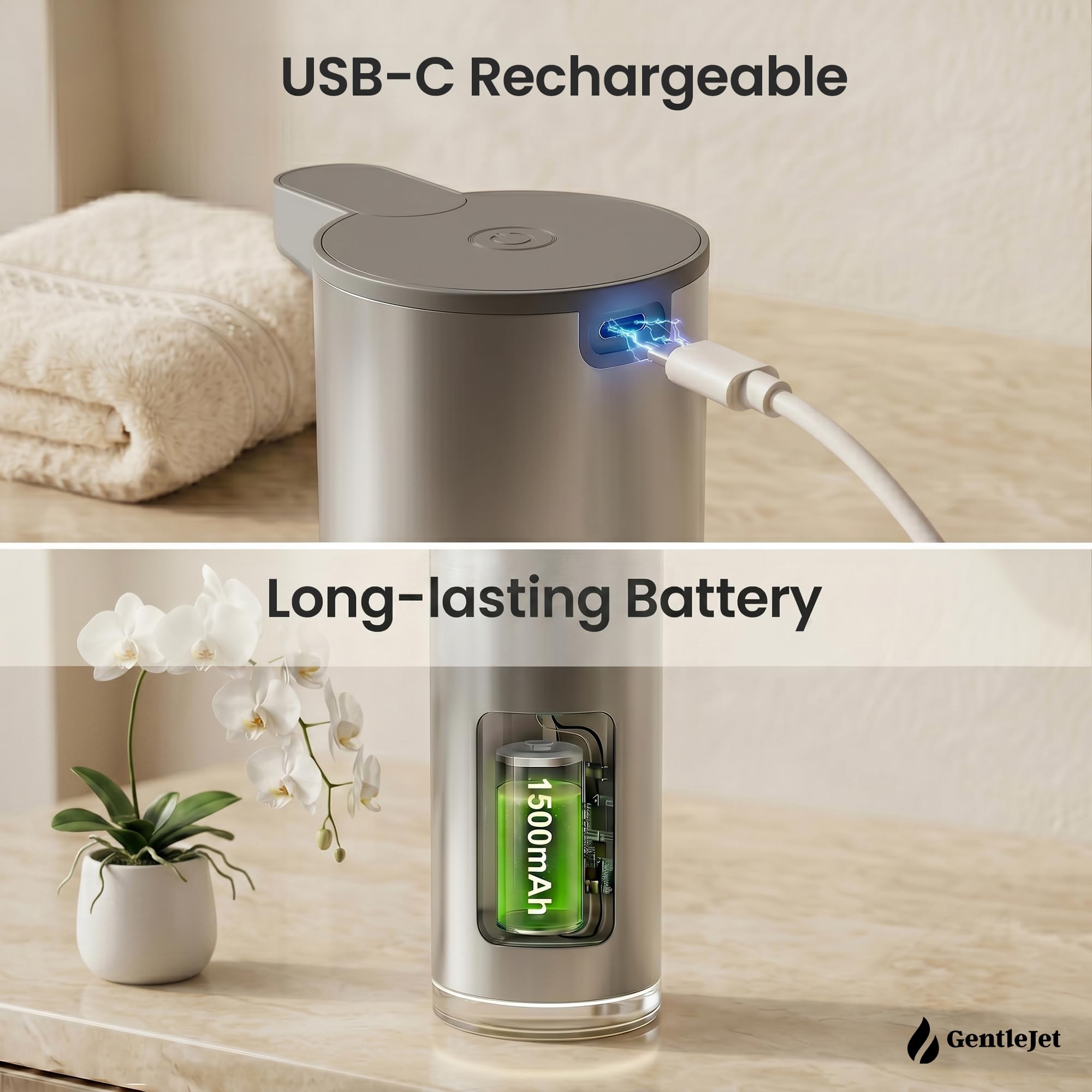 GentleJet EasyFoam Automatischer Schäumender Seifenspender, Berührungslose USB-C Wiederaufladbare Sensorpumpe, 304 Edelstahl, Verstellbarer Schaum, IPX5 Wasserabweisend für Bad & Küche, 295.7 ml