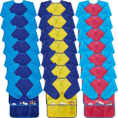 Miniatura 8 de 36 piezas de batas de arte para niños, impermeables, delantales de manga larga con 3 bolsillos para niñas y niños, suministros de pintura, edad de 2