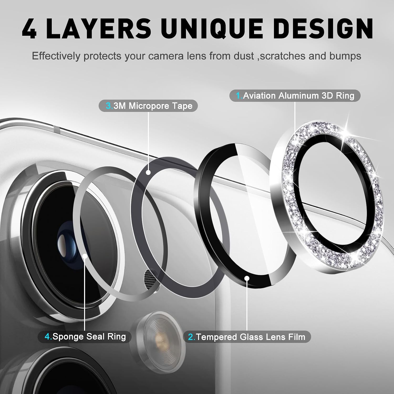 LucBuy Camera Lens Protector Compatible for iPhone 12/12 Mini, Glitter 9H Tempered Glass Camera Cover Film Stickers, Automatic-Alignment Individual Metal Rings Shiny Phone Accessories image 4