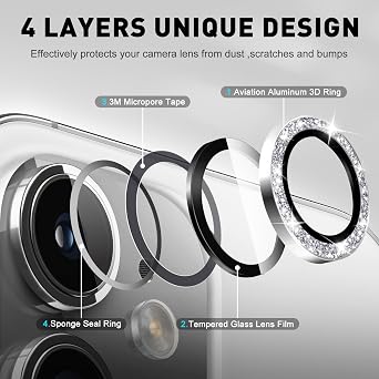 LucBuy Camera Lens Protector Compatible for iPhone 12/12 Mini, Glitter 9H Tempered Glass Camera Cover Film Stickers, Automatic-Alignment Individual Metal Rings Shiny Phone Accessories