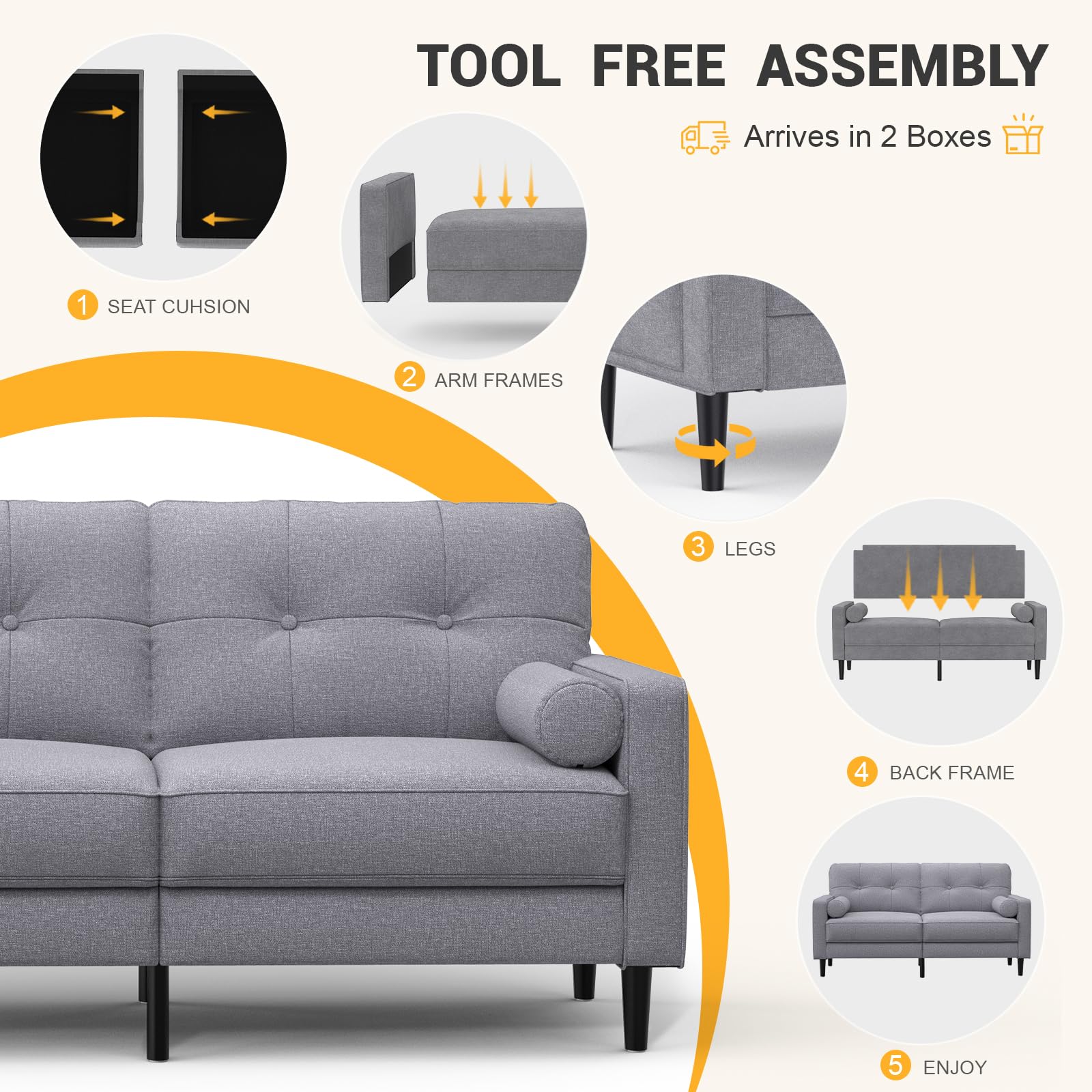 2-Sitzer Sofa, Dicke Kissen, 2 Kissen & Taschen (Grau) | Bequemes Leinen-Sofa, 2-Sitzer mit 2 Kissen, Seitentaschen, Ergonomisches Design & Einfache Montage für Wohnzimmer & Büro