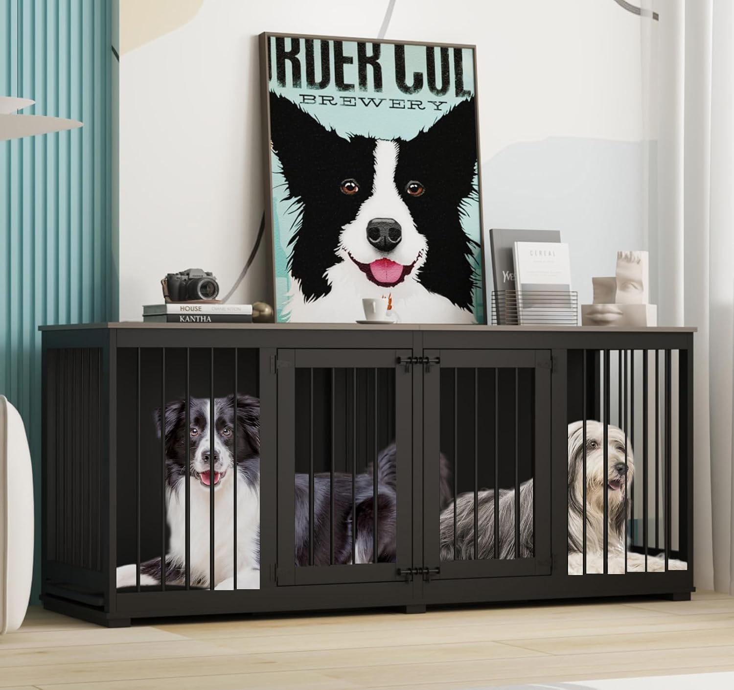 Timechee Indoor Dog Crate Furniture, 70" Multi-Functional Modern Furniture Style Double Rooms Dog Cage House with Divider and 2 Trays, for Small and Medium Breeds, Black