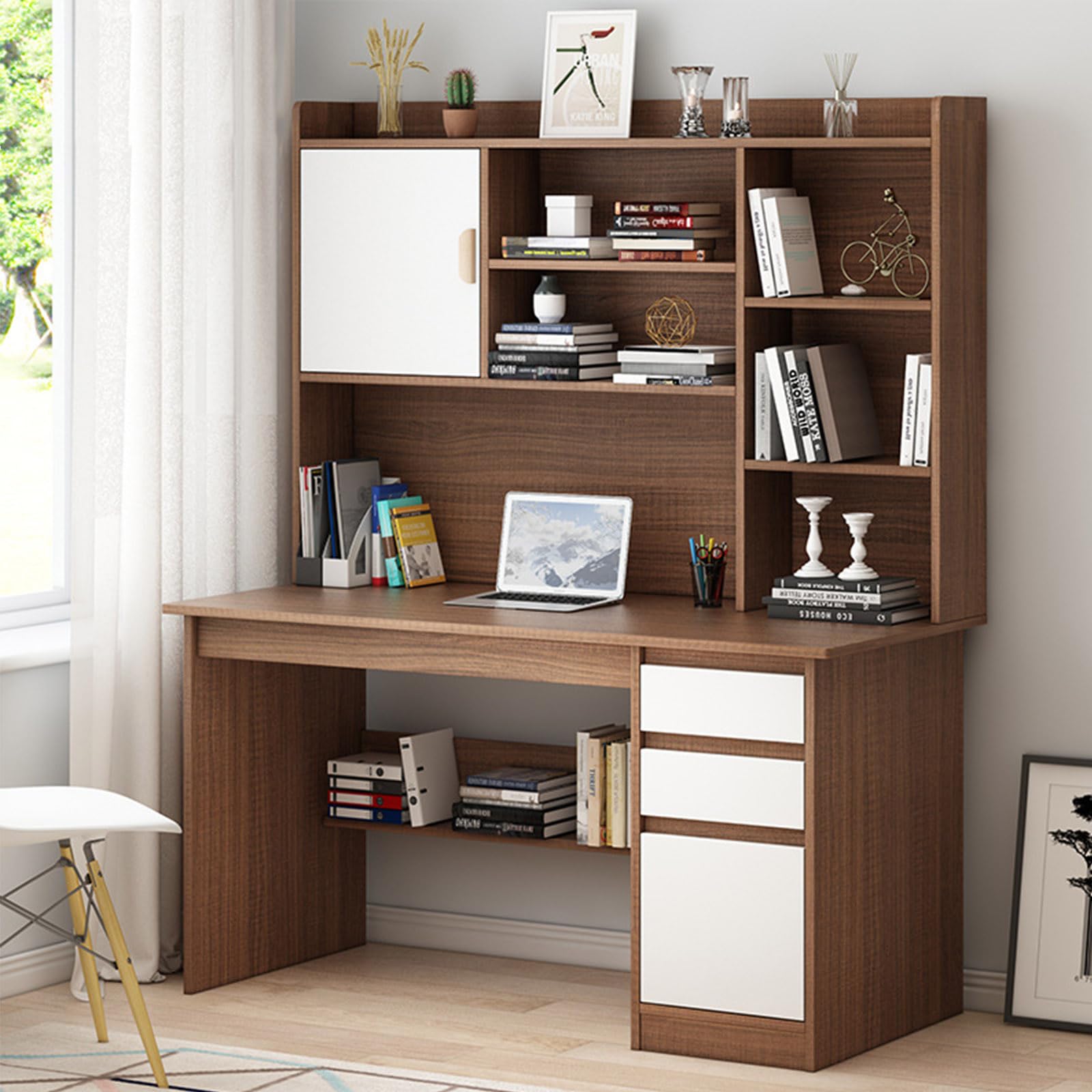 MESCXTY Wooden Computer Desk with Bookshelf and Hutch, Large Home Office Writing Drawer Storage Shelf, Modern Laptop PC Desk,Space-Saving Workstation for Living Room Bedroom
