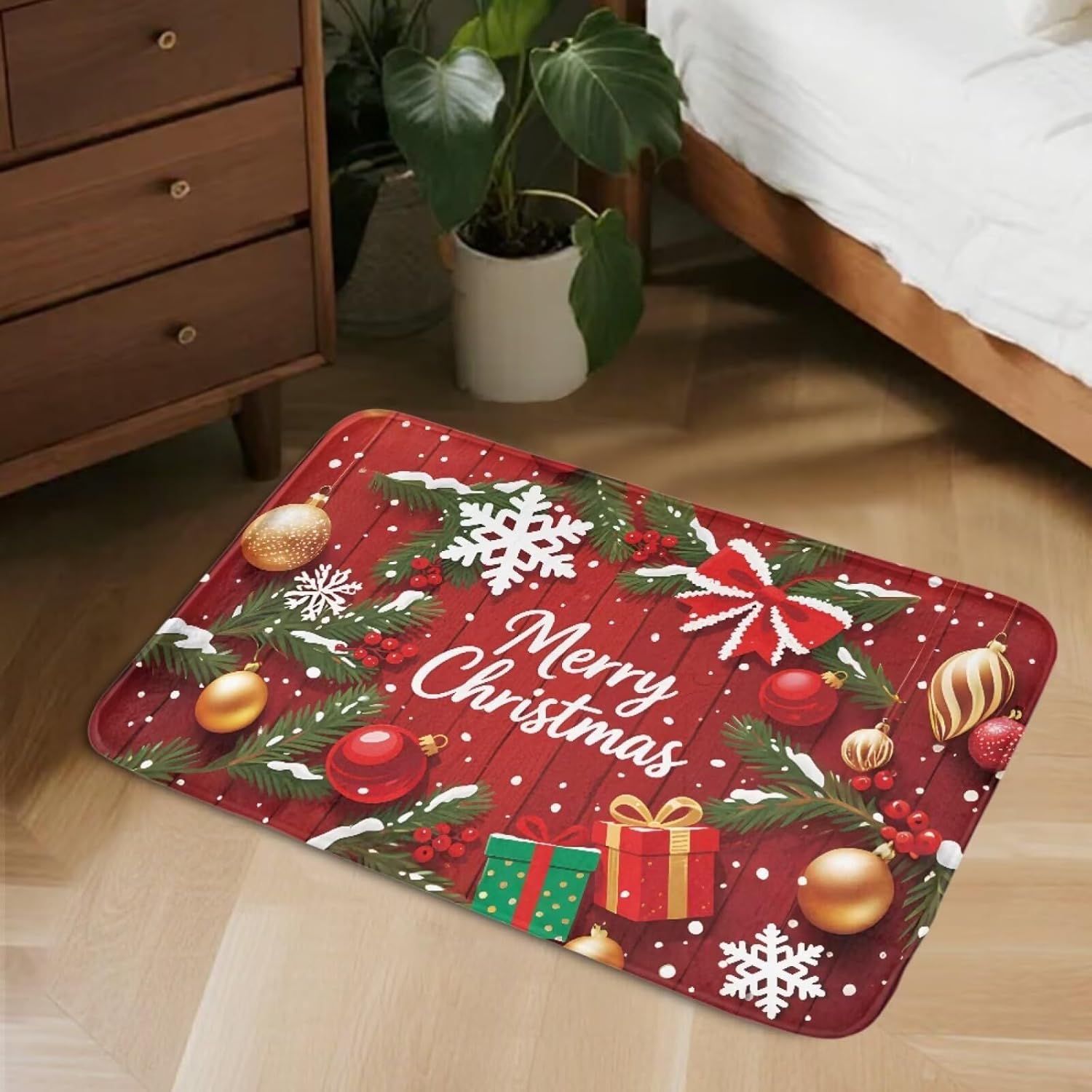 Christmas Ball Pine Branches Pattern Toilet Seat Cover and Rug Set 2 Pcs Stretch Toilet Lid Seat Cover Comfortable Area Rugs Set Bathroom Christmas Decor Accessories
