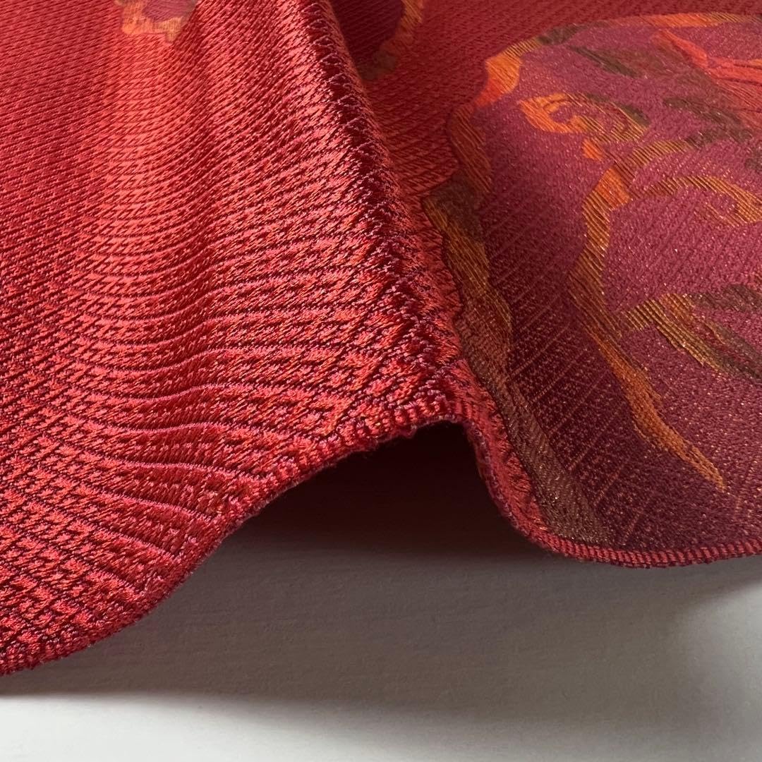 名古屋帯 正絹 六通 赤系 花唐草文様 織柄 O-0098