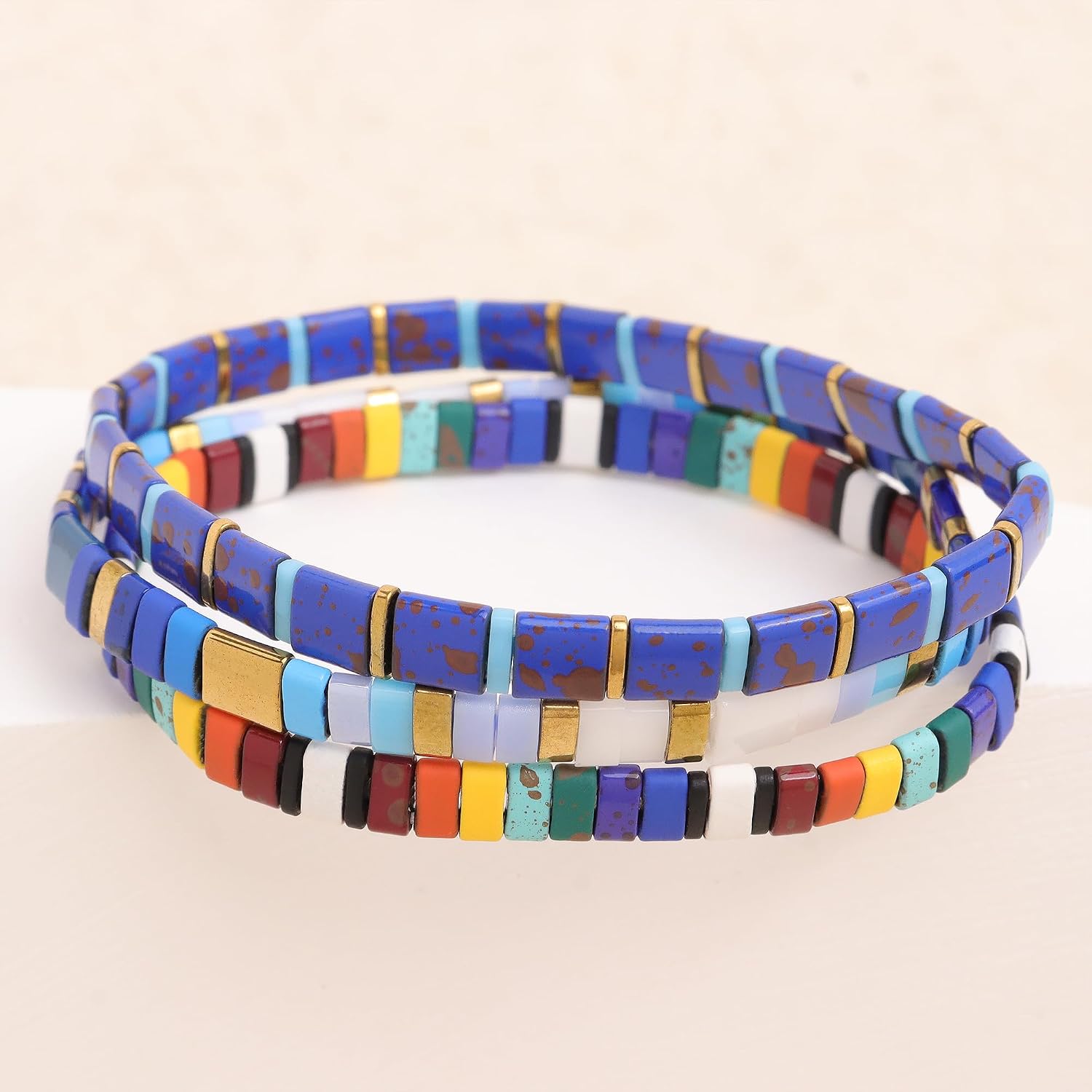 Rainbow Tila Flat Beads Bracelets Stack Set for Women, 4Pcs Trendy Handmade Gold Beads Blue Gemstone Colorful Stretch Bracelet Outfit Accessories Jewelry Gift.