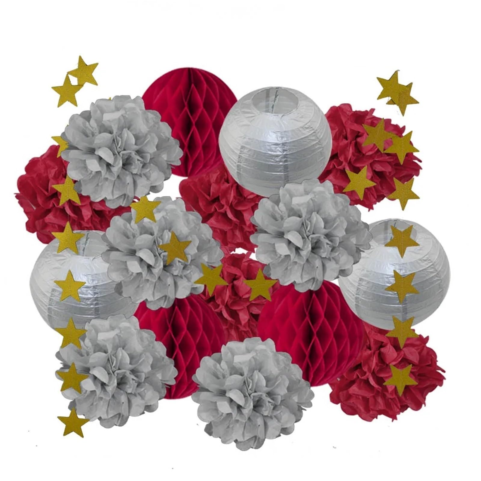 Paper Pom Poms Wedding Ceremony Events Decor Gold Paper Lanterns Honeycomb Red Tissue Pompom for Party Supplies(Silver Red)