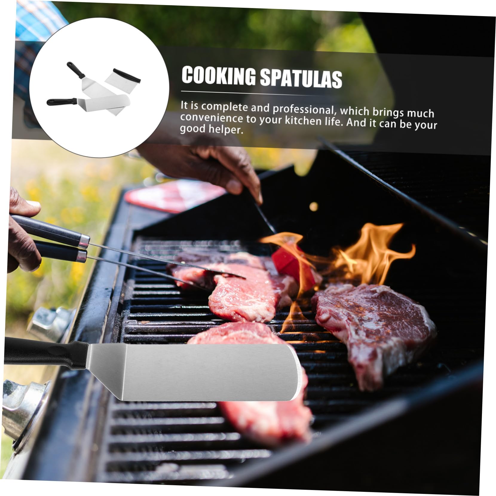 Spatules pour Plancha et Cuisson Inox 3 Pièces Manches Plastique Résistants Ustensiles la Cuisine Professionnels pour Gril, Barbecue et Restaurant