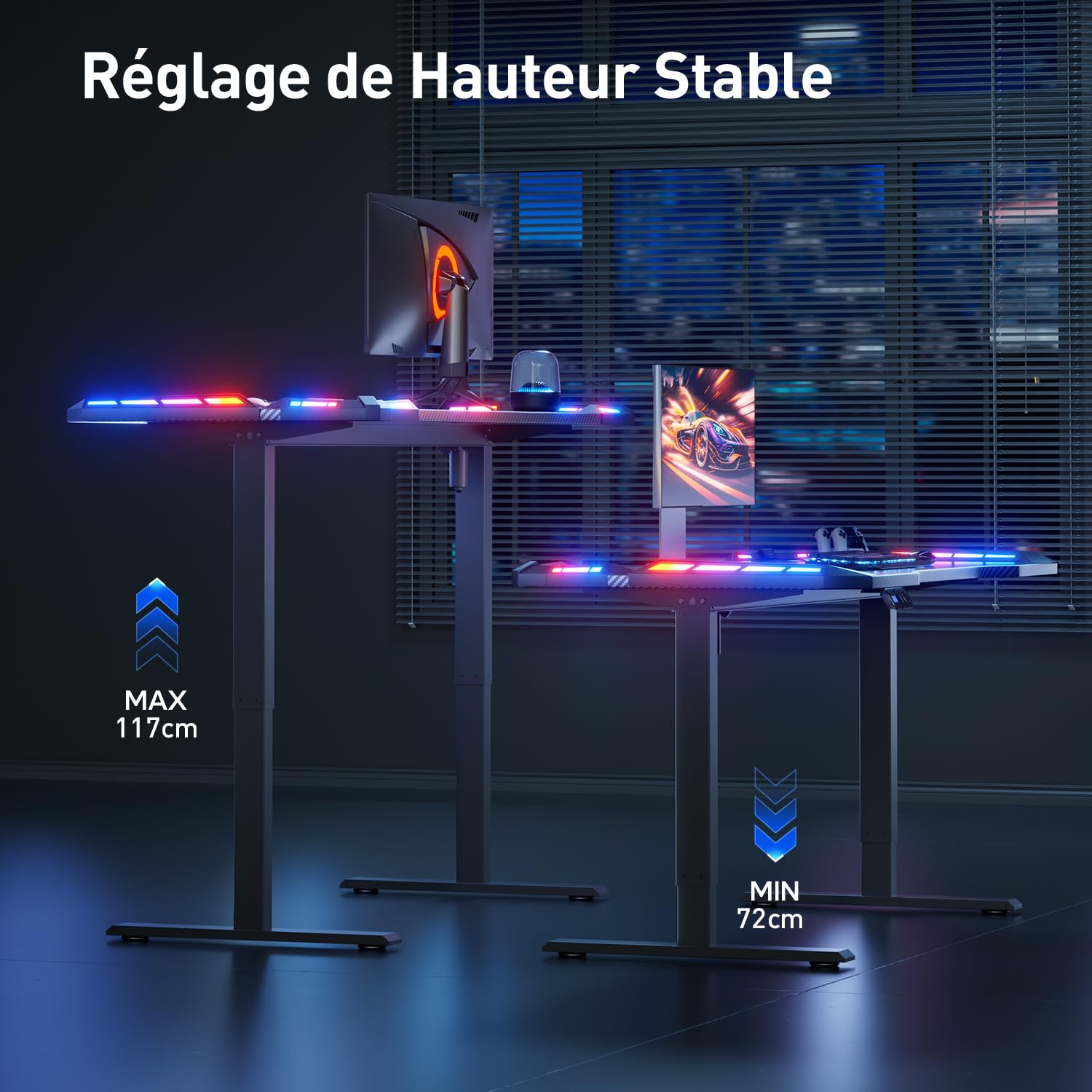 HLFURNIEU LED Bureau Assis Debout Electrique 160 x 60 cm, Bureau Gaming avec 2 Contrôle à Fonctions Mémoires, Table Reglable Hauteur avec Surface en Fibre de Carbone, Table Gaming Noir
