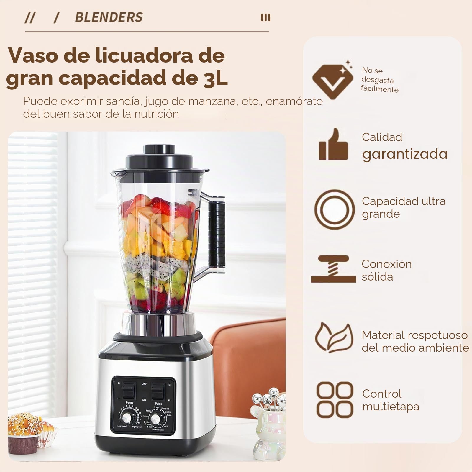 Batidora Profesional 3L, 3 en 1, Licuadoras para Zumos y Batidos con 15 Velocidades Ajustables y Función de Temporizador, 3 Jarras y Cuchillas de Acero Inoxidable