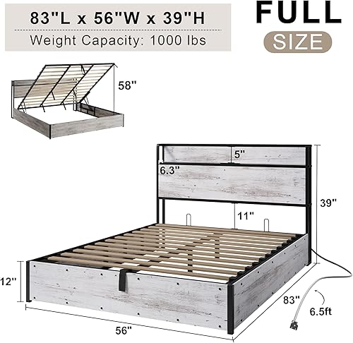 Miniatura 44 de Cama de almacenamiento elevable de tamaño matrimonial, marco de cama de plataforma de madera con cabecera de almacenamiento y estación de carga, no