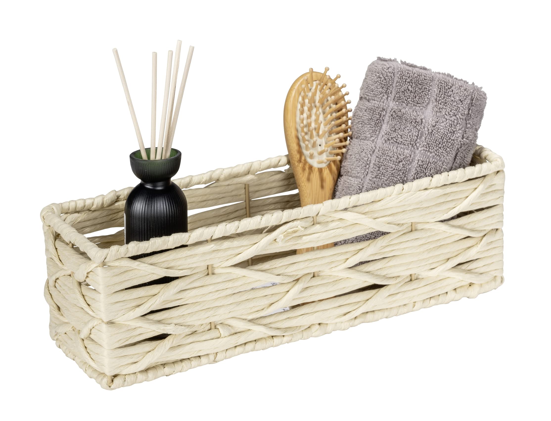 Wenko Scatola da Bagno Vabriano, Cestino Portaoggetti in Rete di Carta, per Bagno e Ufficio, 32 x 10 x 10 cm, Stile Boho, Beige